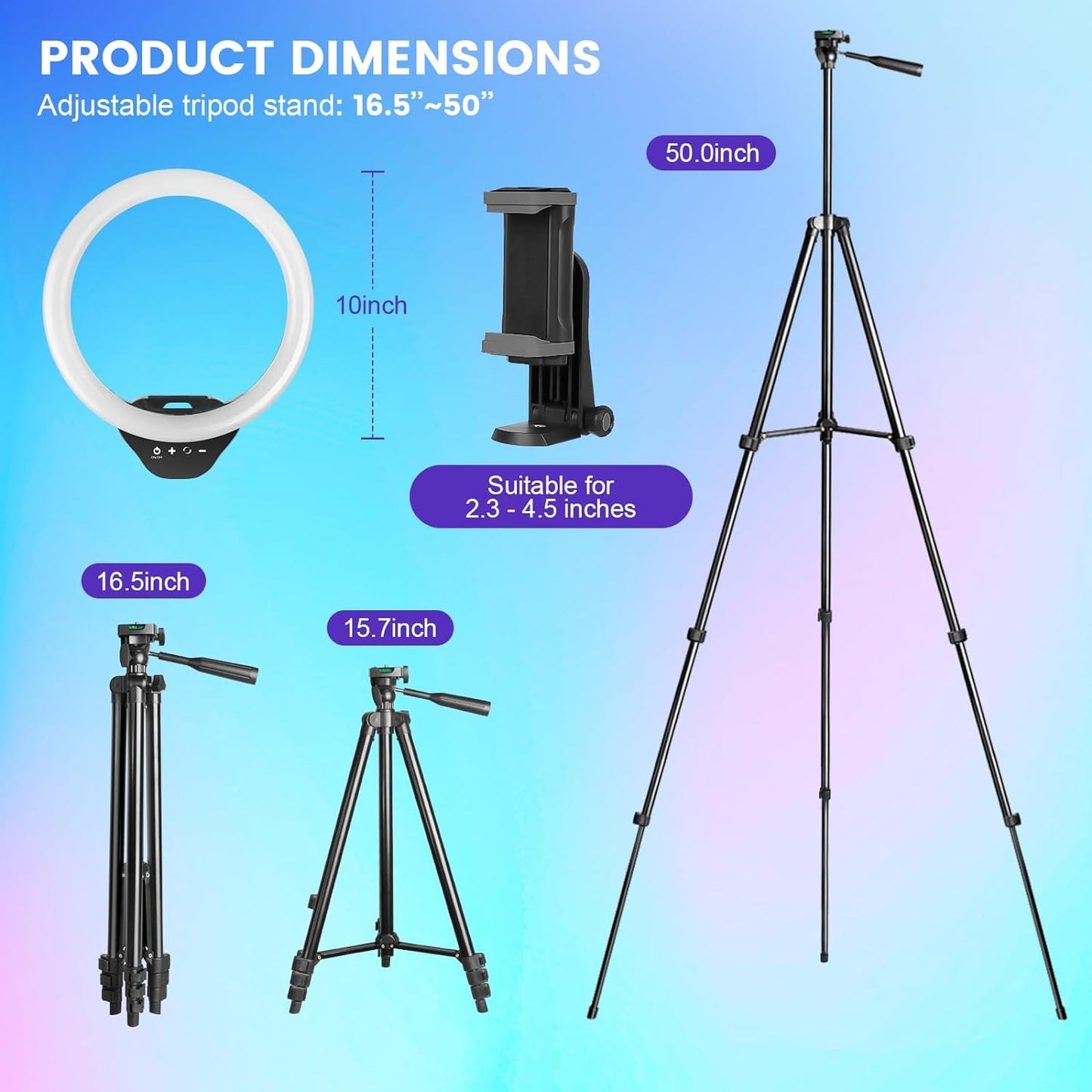 Sensyne 10'' RGB Ring Light with 50'' Extendable Tripod Stand, Circle Lights with Phone Holder for Live Stream/Makeup/YouTube Video/TikTok, Compatible with All Phones