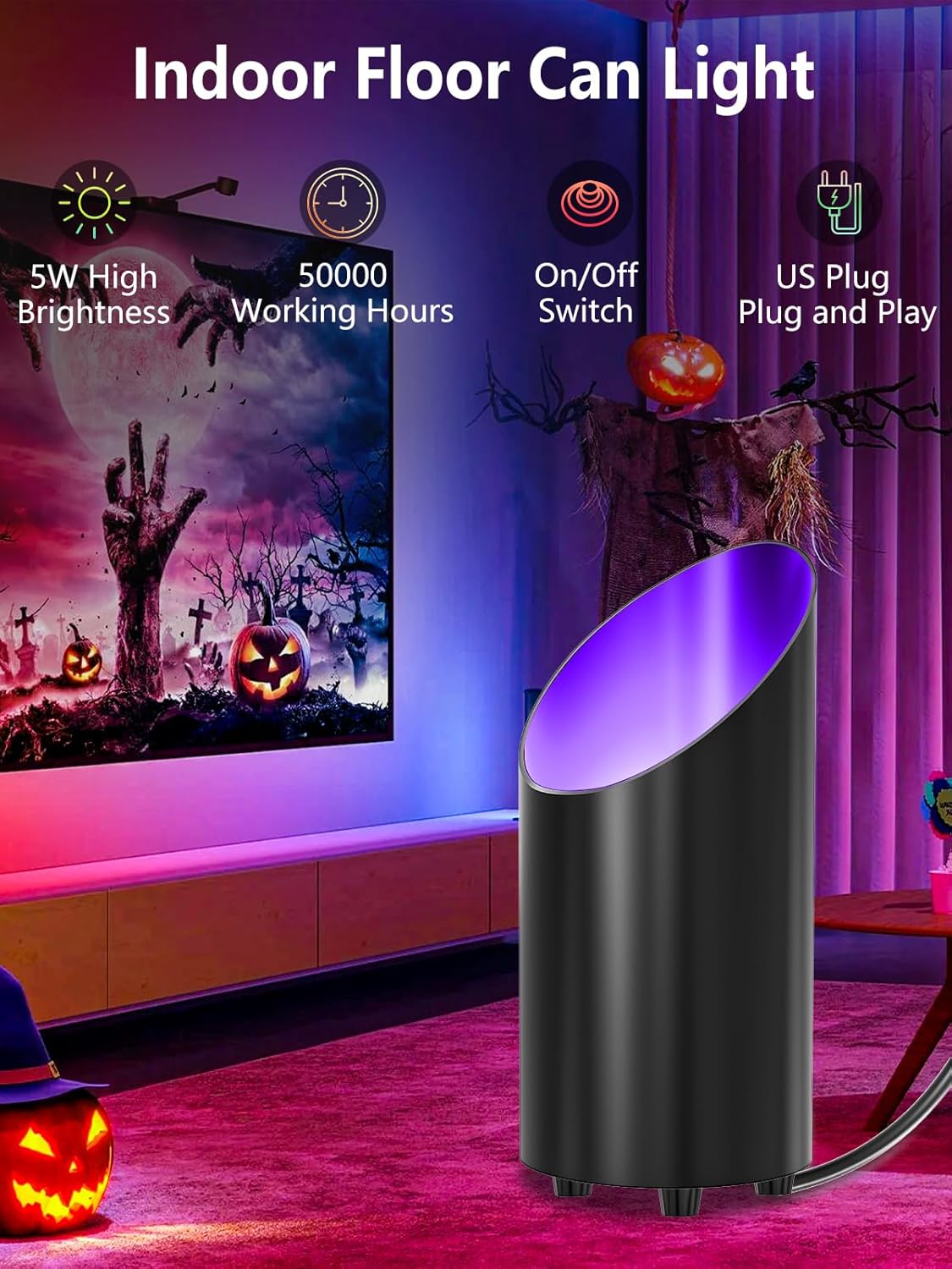 ZUCKEO RGB Spotlight Indoor Uplights 5W Floor Can Light Up Accent Lighting, LED Color Changing Spot Lights for Home Plant Christmas Halloween Decor, GU10 Bulb, 5.25FT Plug in Cord & Switch, 2 Pack