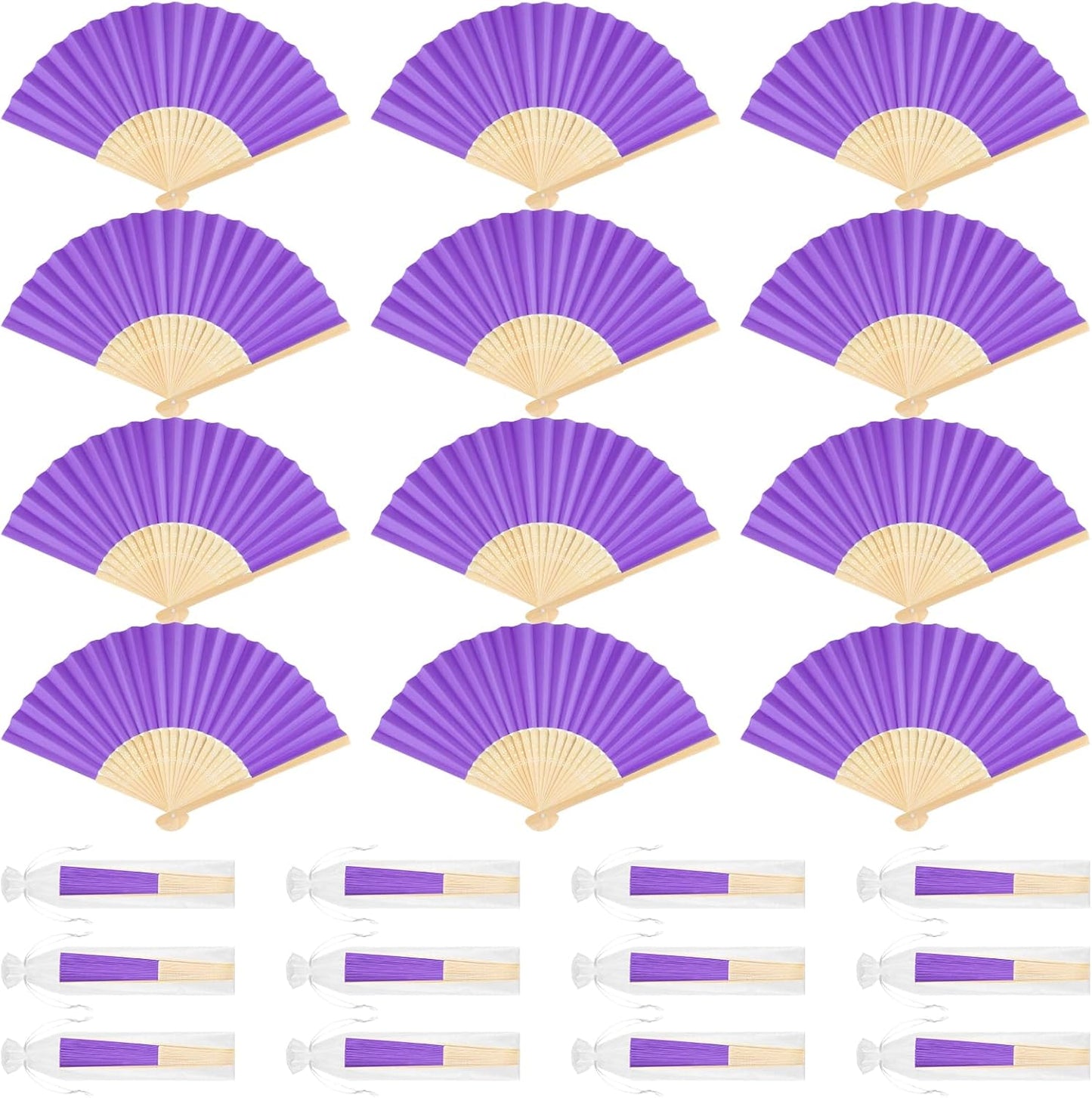 12 Pieces Purple Hand Held Bamboo Folding Fans Paper Fans Handheld for Women Foldable Girls Wedding DIY Decoration Church Home Party Favors Summer