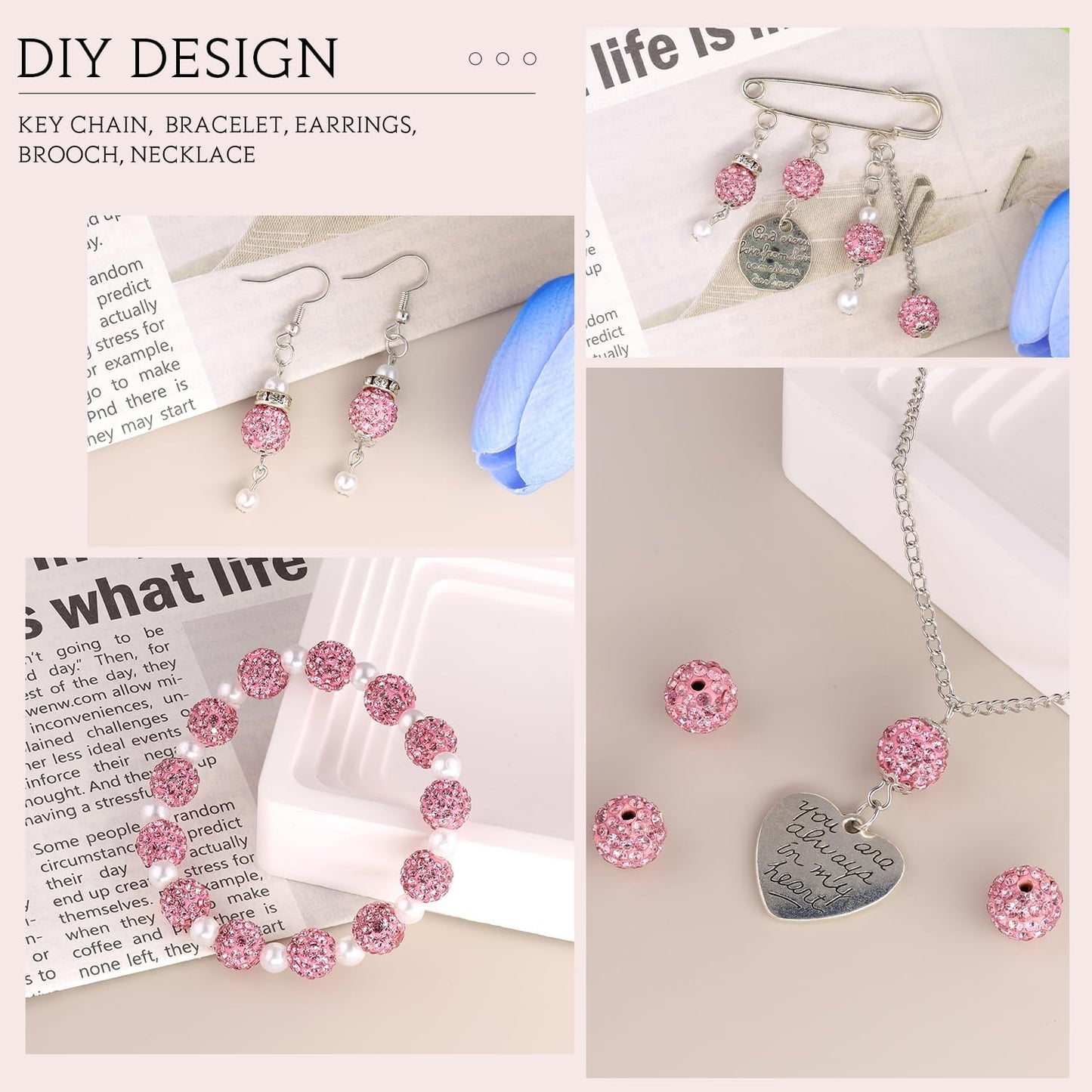 150 pcs 10mm Rhinestone Beads for Jewelry Making, Pink Shiny Round Shamballa Disco Beads Bulk, Sparkle Crystal Clay Christmas for Bracelet Baseball Necklace Earring Crafting and DIY