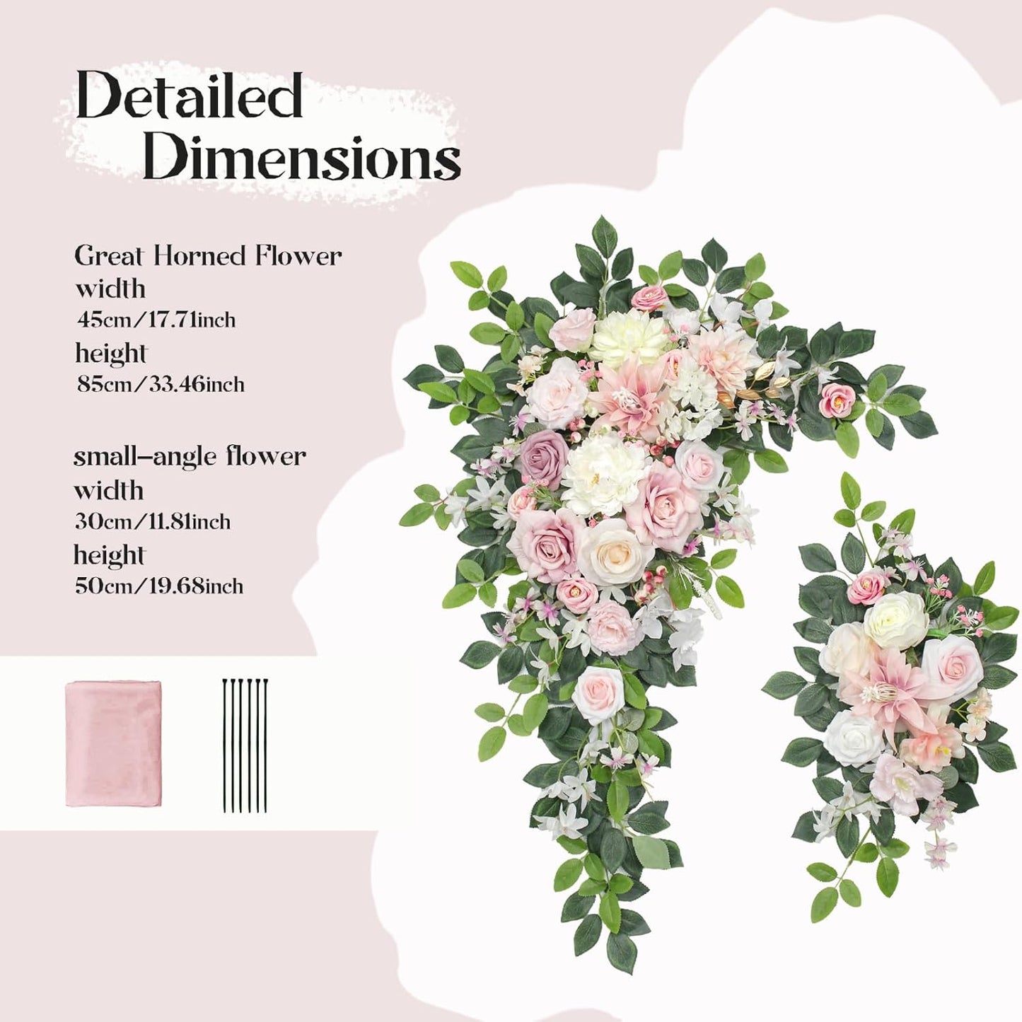 Wedding Arch Flowers Kit,Artificial Flower Arch Decor (Set of 3),2pcs Artificial Flower Arrangement with 1pc Sheer Drape for Wedding Decor Reception Backdrop Floral Decorations (Light Pink)