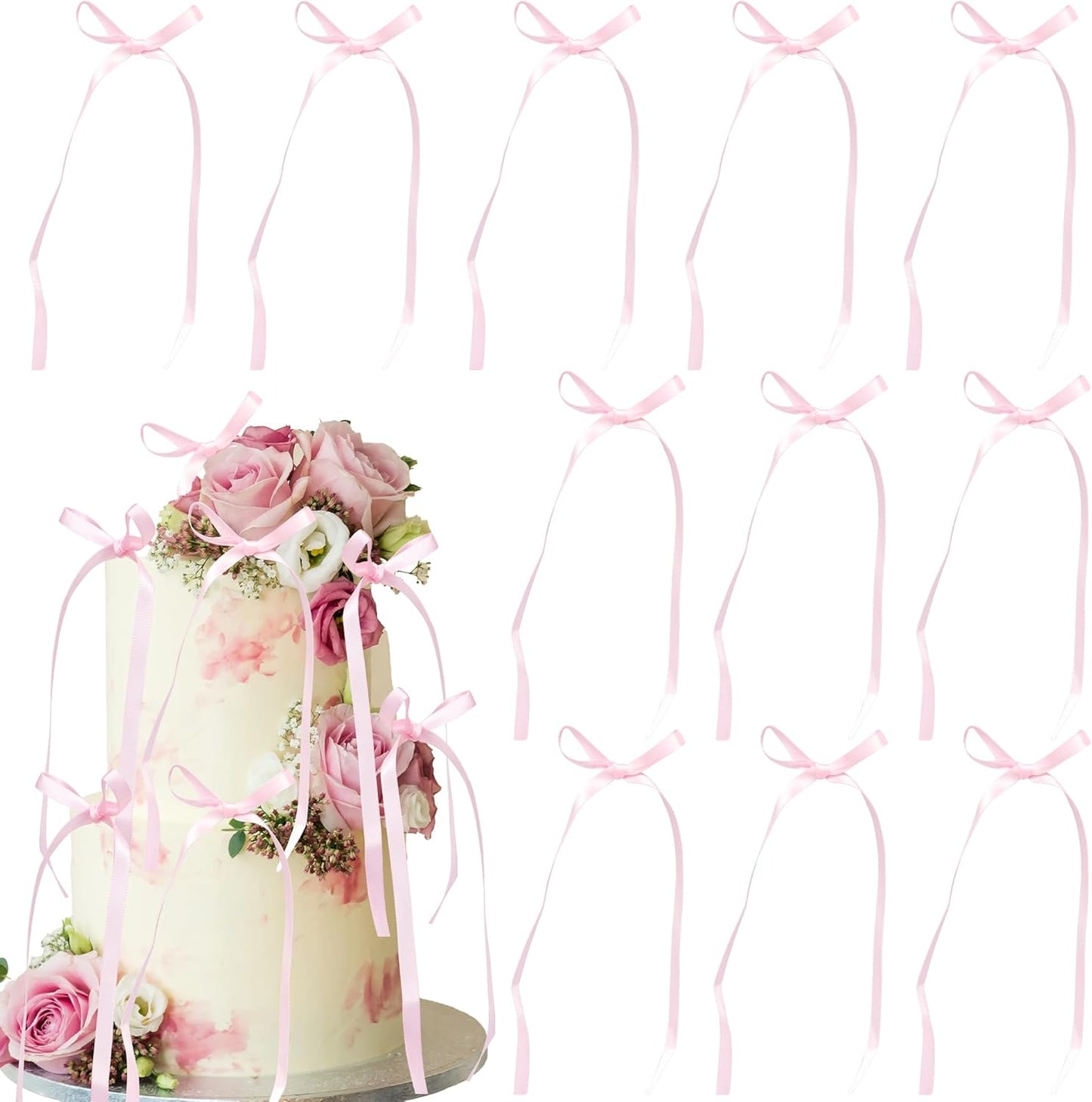 Ephlyn 30Pcs Bow Cupcake Toppers Valentine's Bowknot Ribbons Coquette Bow High Footed Cup Balloon Wall Party Decorations Cake Dessert Picks Birthday Wedding Party Supplies Pink