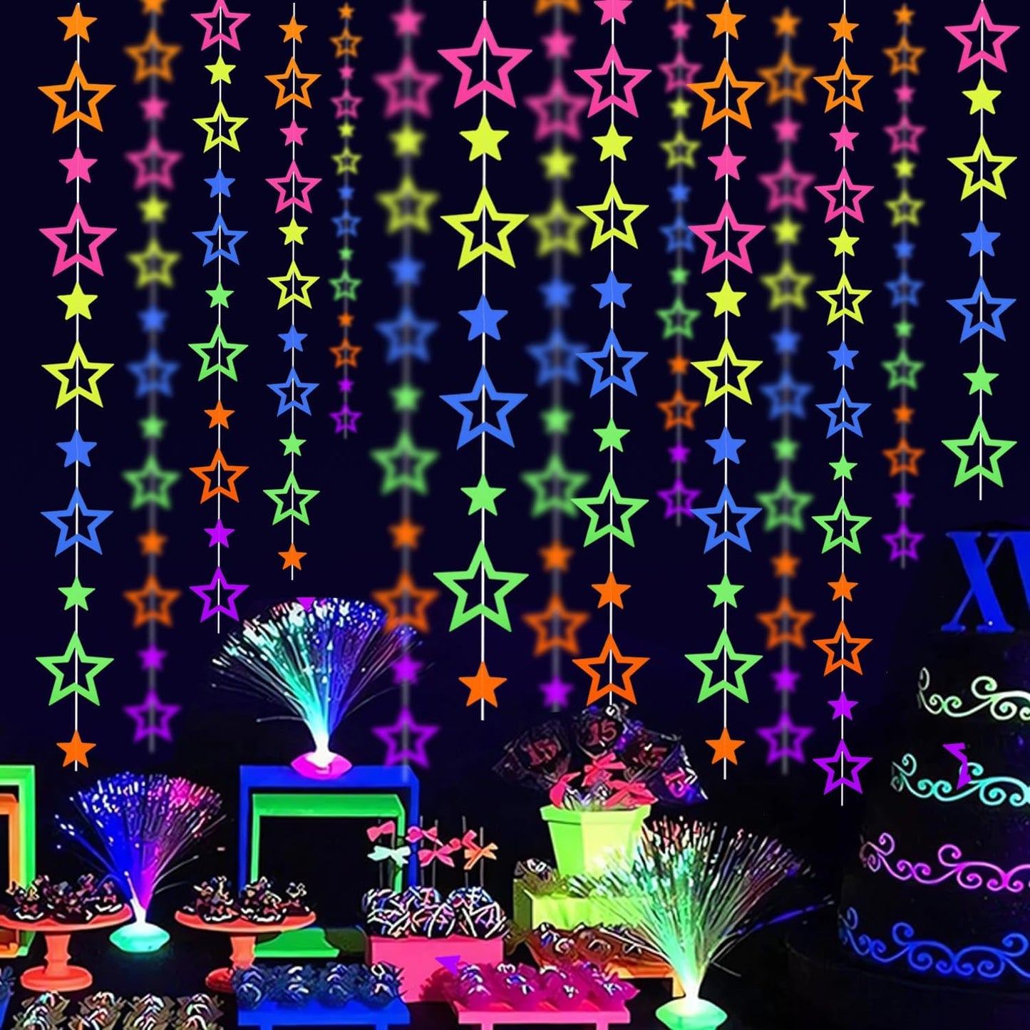 126feet UV Paper Garland Hollowed Star Neon Streamers Black Light Decorations Glow Party UV Reactive Party Favors Glow in The Dark Supplies and Decorations Wedding Birthday Banner