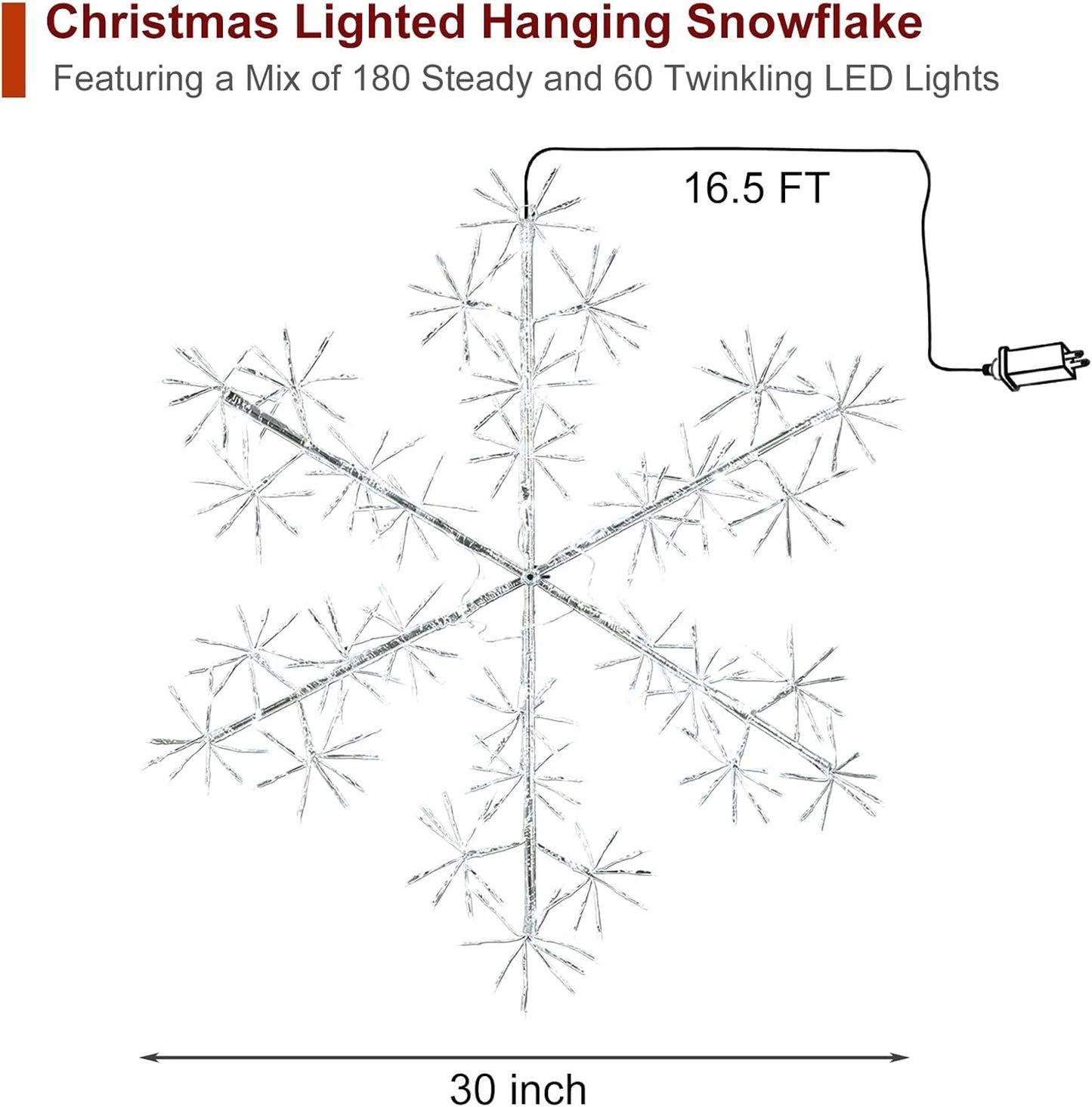 30’’ Christmas Snowflake Lights Outdoor, Pre-lit 240Pcs Cool White LEDs Hanging Silver Snowflake Decoration for Home Indoor Outdoor Window Silhouette