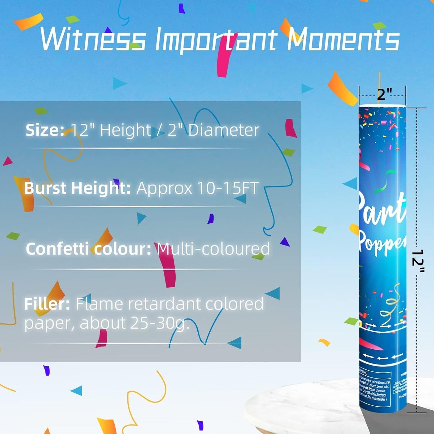 Confetti Cannon 12Inch Confetti Poppers 12 Pack Multicolor Party Poppers Confetti Shooters Air Compressed Color Popper Cannon Bulk for Graduation New Years Eve Birthday Wedding Indoor and Outdoor