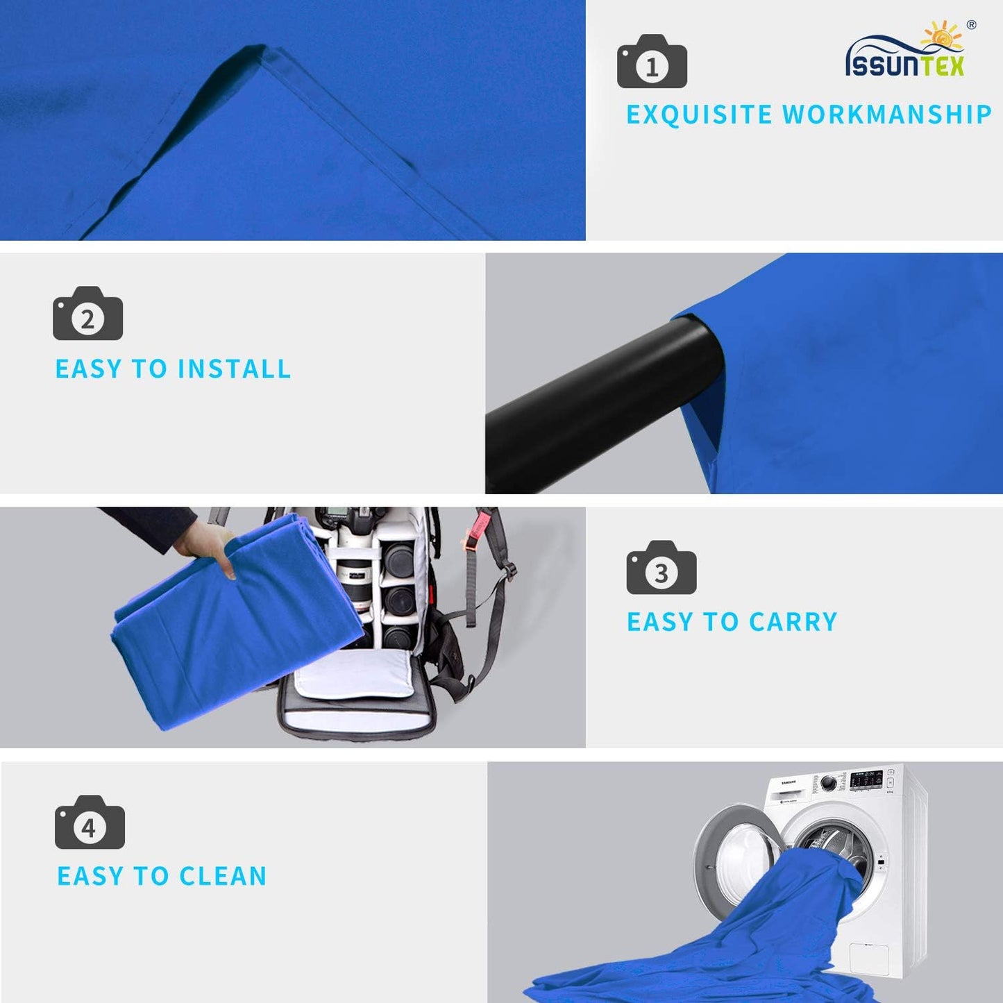 ISSUNTEX 10X12 ft Background Muslin Backdrop, Photo Studio, Collapsible High Density Screen for Video Photography and Television-Blue