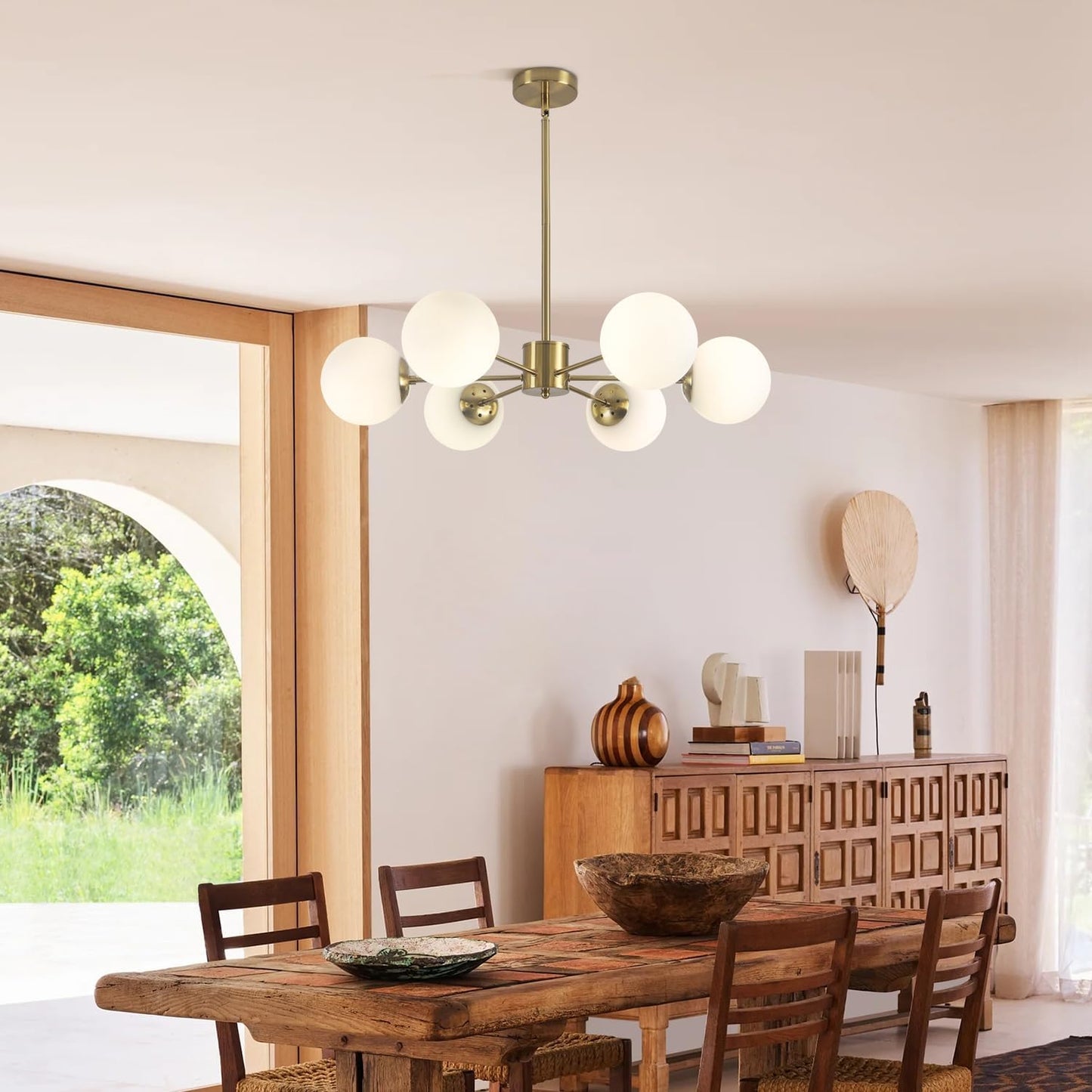 KCO 6-Light Globe Sputnik Chandelier Milk Glass Modern Gold Chandelier Light Fixture Mid Century Sputnik Chandeliers Pendant Lighting Brushed Brass Chandelier (Gold+White)