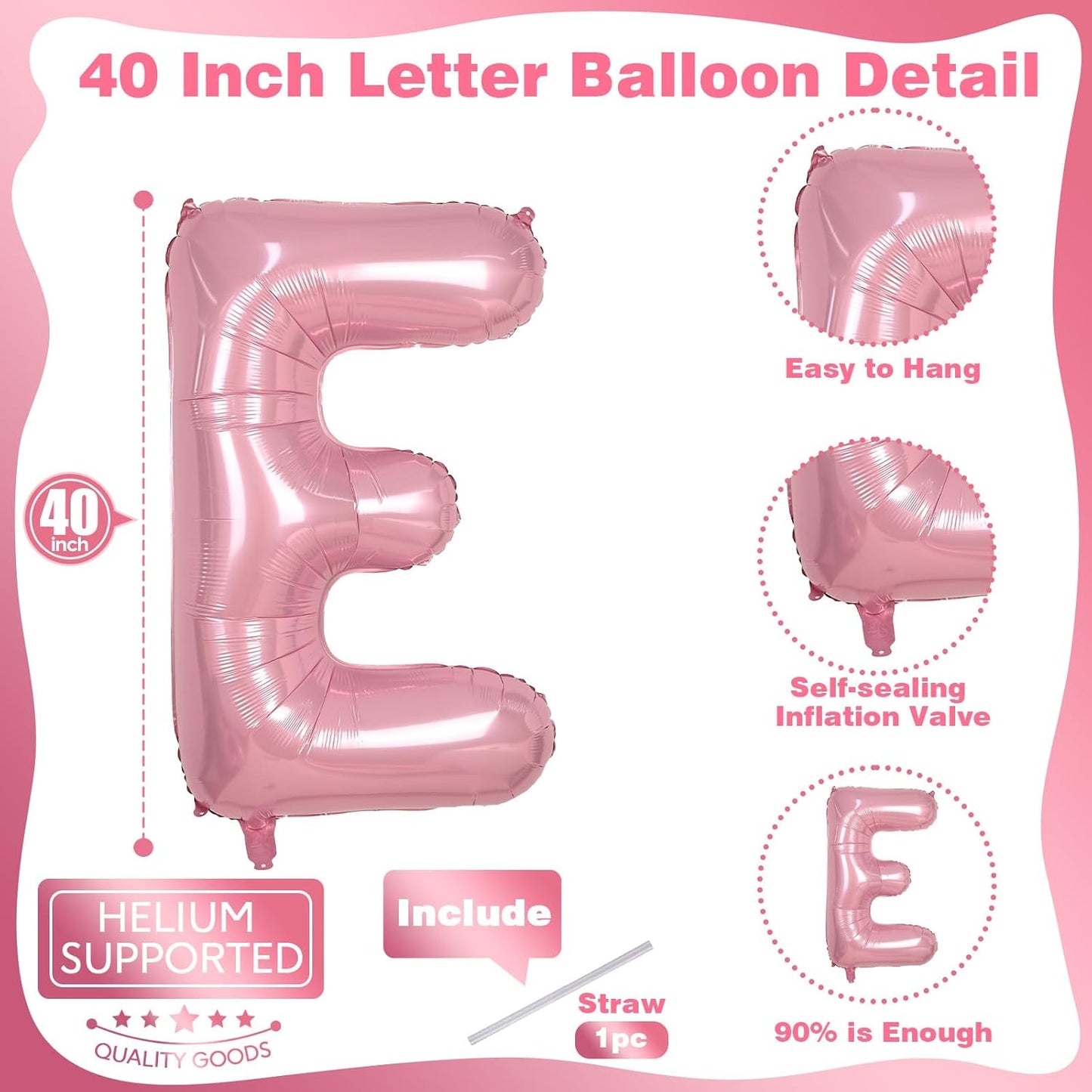 40 Inch Pearl Pink Large Letter Balloons A - Z, Self Inflating Pastel Pink Foil letter E Balloon for Girls, Big Light Pink Alphabet E Balloon for Women Birthday Party Anniversary Supplies Decorations
