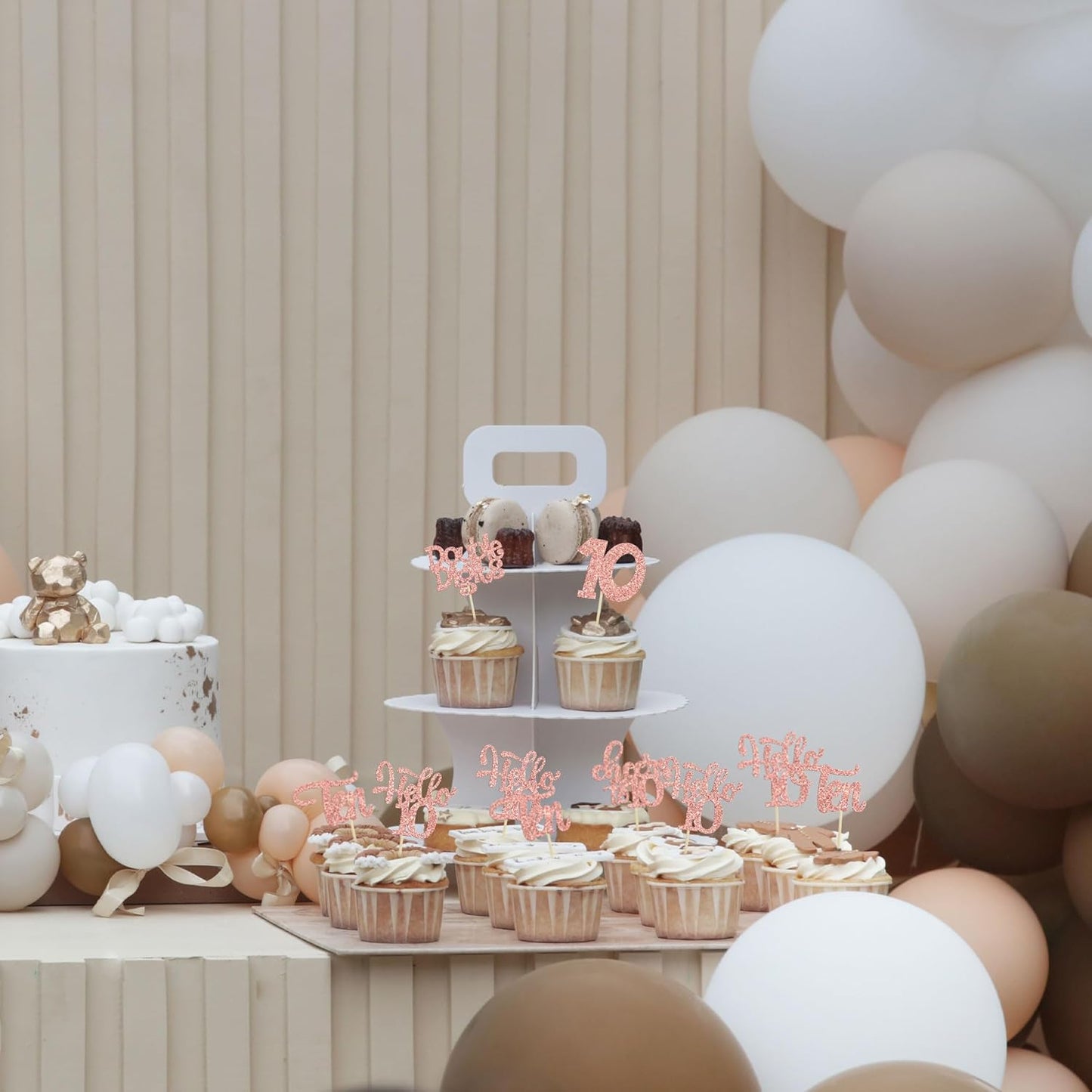 30Pcs 10th Birthday Cupcake Toppers Ten Double Hello 10 Cupcake Picks Cheers to 10 Years Old Cake Decorations for 10th Birthday Party Supplies Rose Gold Glitter