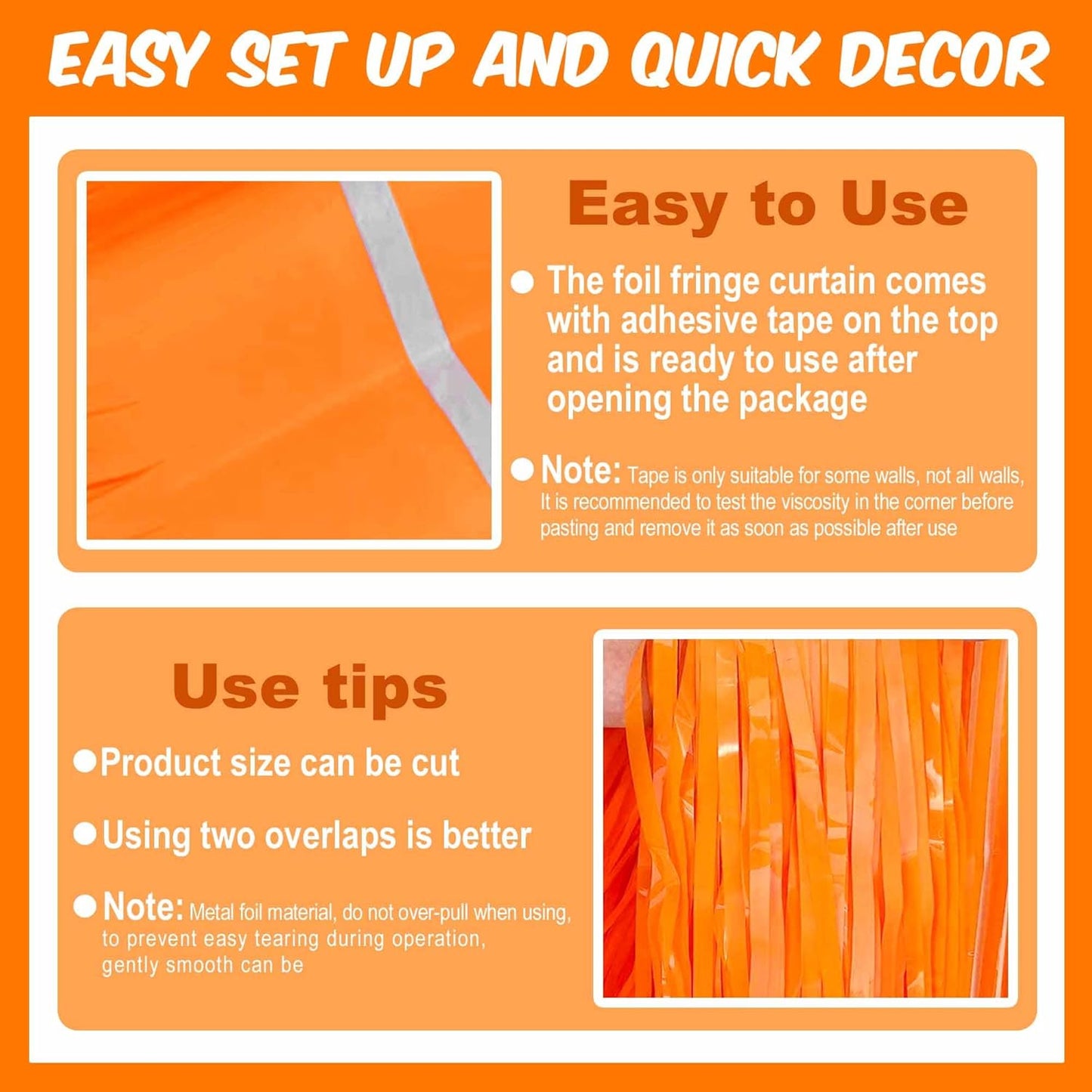 6 Pack Macaron Orange Foil Fringe Curtains Backdrop, 3.28 x 8.2 Ft Metallic Streamers Tinsel Curtains Background for Photo Booth, Birthday, Weddings, Carnivals, Graduation, Themed Party Decorations