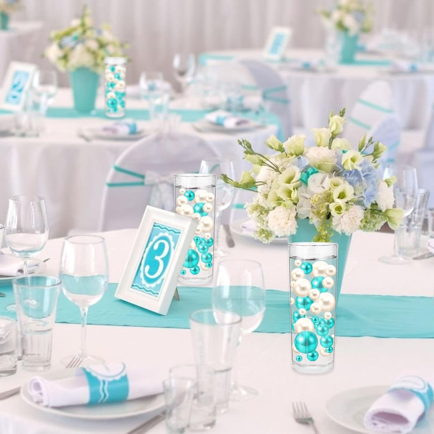 100PCS Teal White Faux Pearls Beads for Centerpiece Vases, Vase Filler Faux Pearls, No Holes Filler Beads for Party Anniversary Birthday Wedding Table Decor, 14/20/30mm