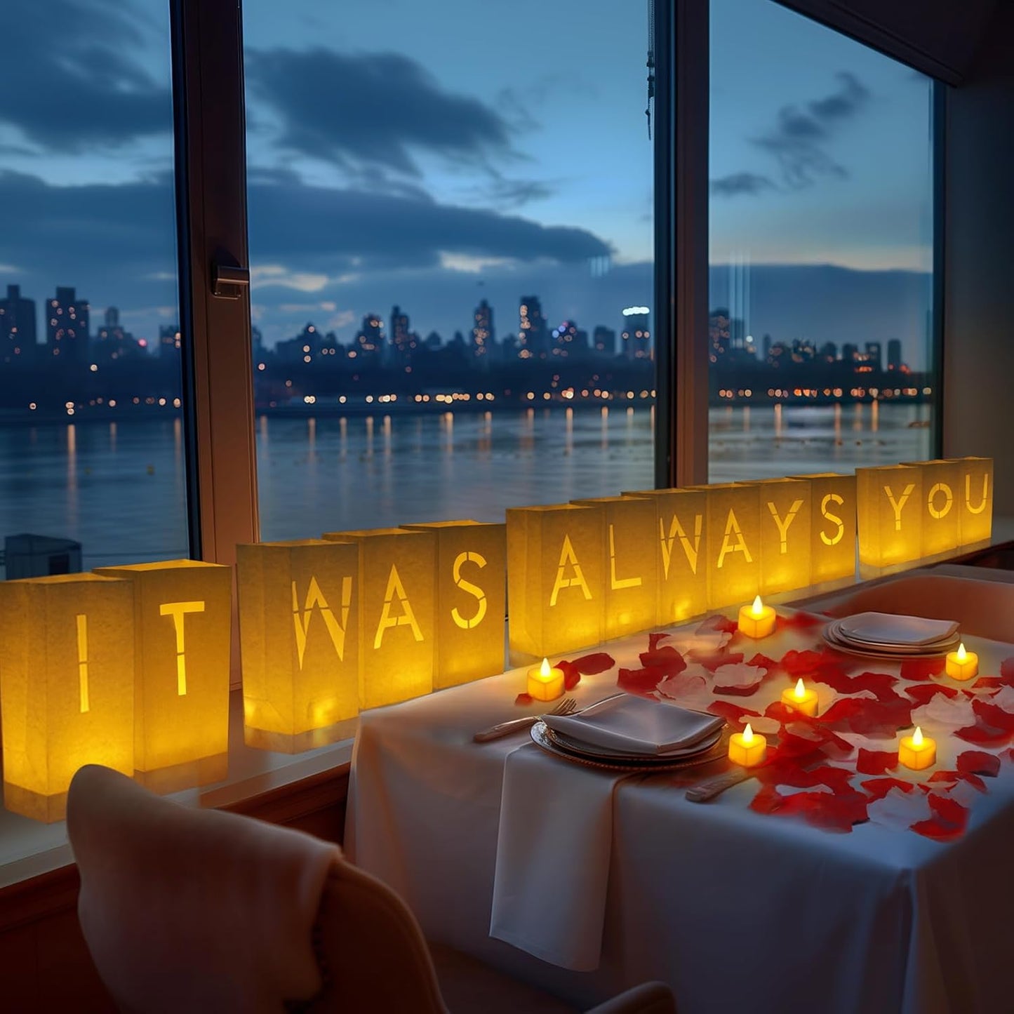 Homemory It was Always You Light Up Letters with Flameless Candles and Fake Rose Petals, Valentine's Day Luminary Bags Romantic Decorations Special Night for Proposal Wedding Anniversary