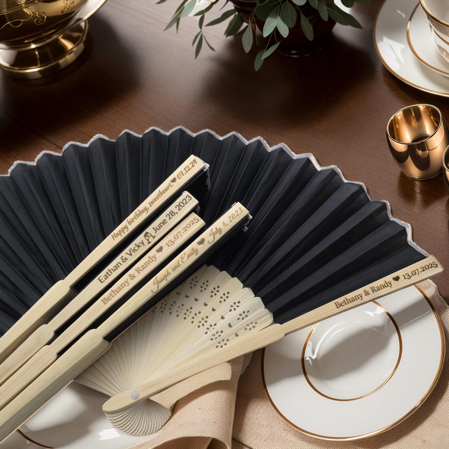 128Pcs Personalized Silk Fans Folding Hand Fan, Custom Wedding Bridal Party Favors, Summer Wedding Bride, Wedding Gift, Thank You Gift (Black)