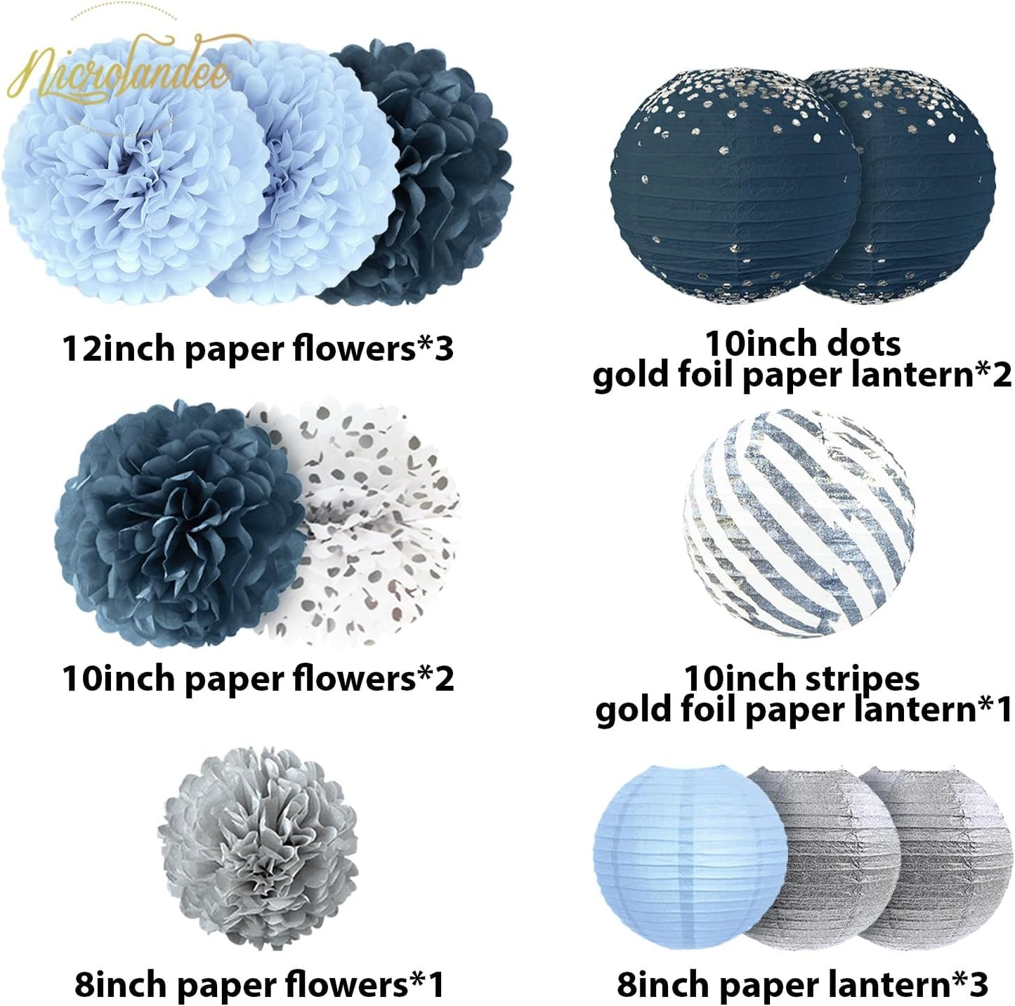 NICROLANDEE Dusty Blue Wedding Decorations, 12 PCS Blue Grey Tissue Pom Poms Paper Lanterns Decor for Birthday, Bridal Shower, Baby Shower, Bachelorette Party Hanging Decoration Supplies
