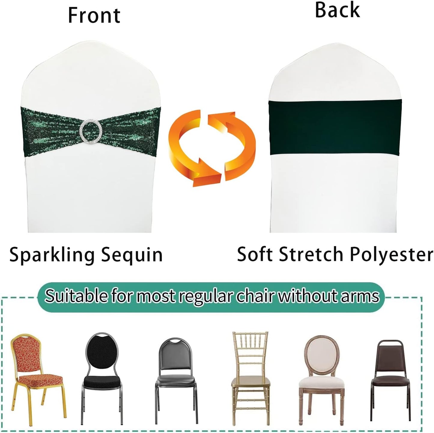 Chair Sashes Sequin Stretch Chair Bands Dark Green Spandex Polyester Bows for Party Hotel Wedding Banquets Decoration - 6 Pcs Hunter Emerald Green