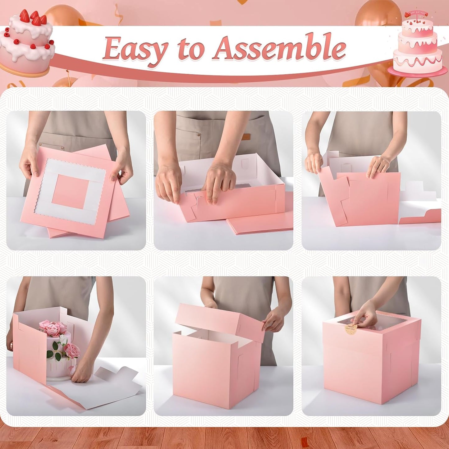 12Pcs Cake Boxes, 12x12x12 Inches Tall Cake Boxes with Window, Pink Square Disposable Cake Carrier Container for Multi-Layer Cakes Birthday Party Wedding Bakery Boxes