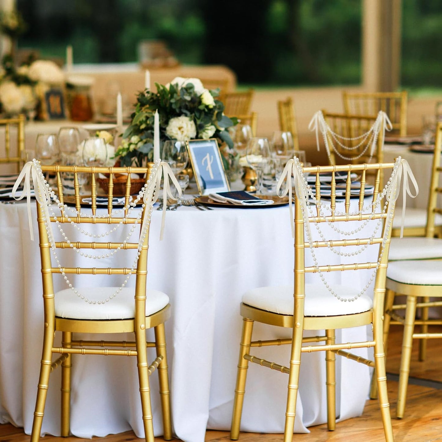 32 Pcs Wedding Pearl Bow Chair Decor Satin Ribbon Bows with Pearl Beaded String Garland Aisle Chair Sashes Decorations for Ceremony Coquette Party Banquet Decor (Ivory)