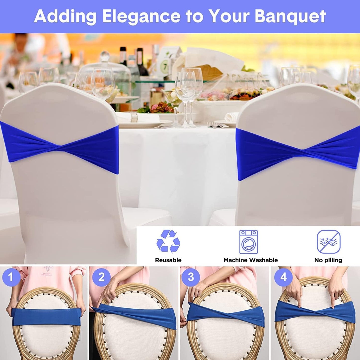 VDS Pack of 300 PCS | Gold | Spandex Chair Sashes Bows Without Buckle | Stretch Elastic Banquet Universal Folding Chair Band Tie with for Wedding Party Conference Celebration Event Decoration
