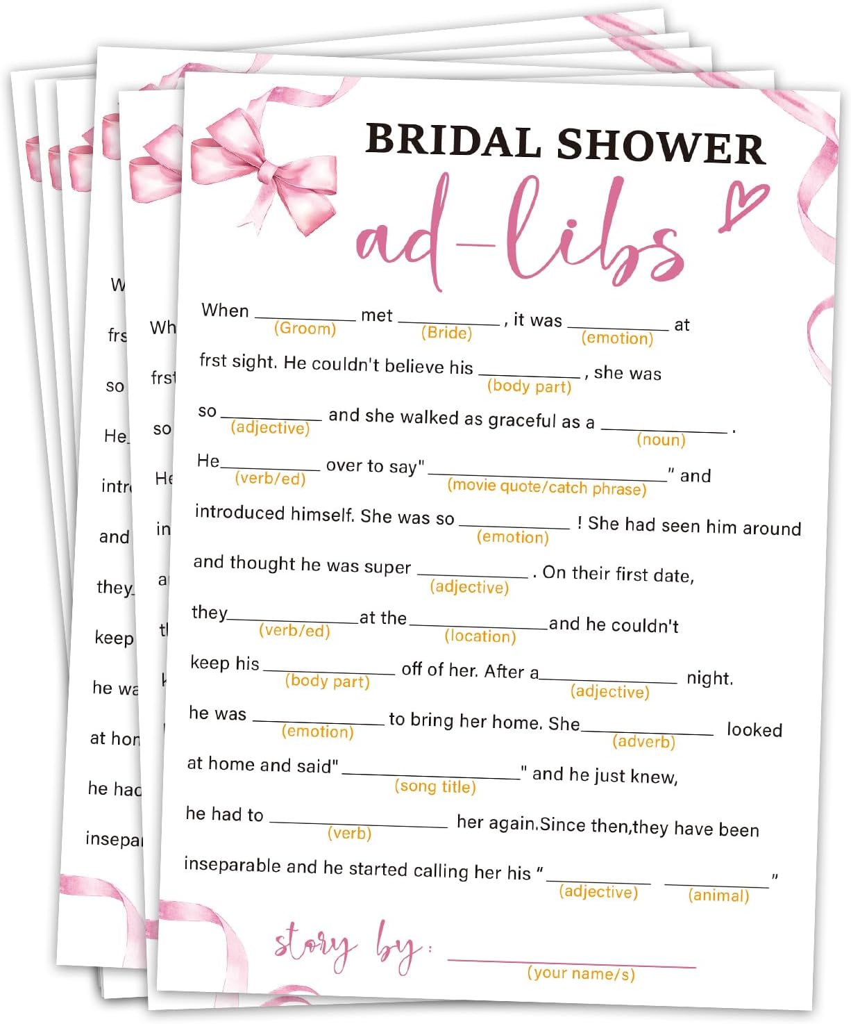 Bridal Shower Games 30 Guests, Ad-Libs Bridal Shower Wedding Games for Reception, Rehearsal Dinner Engagement Party Activities Game Card/HL 007