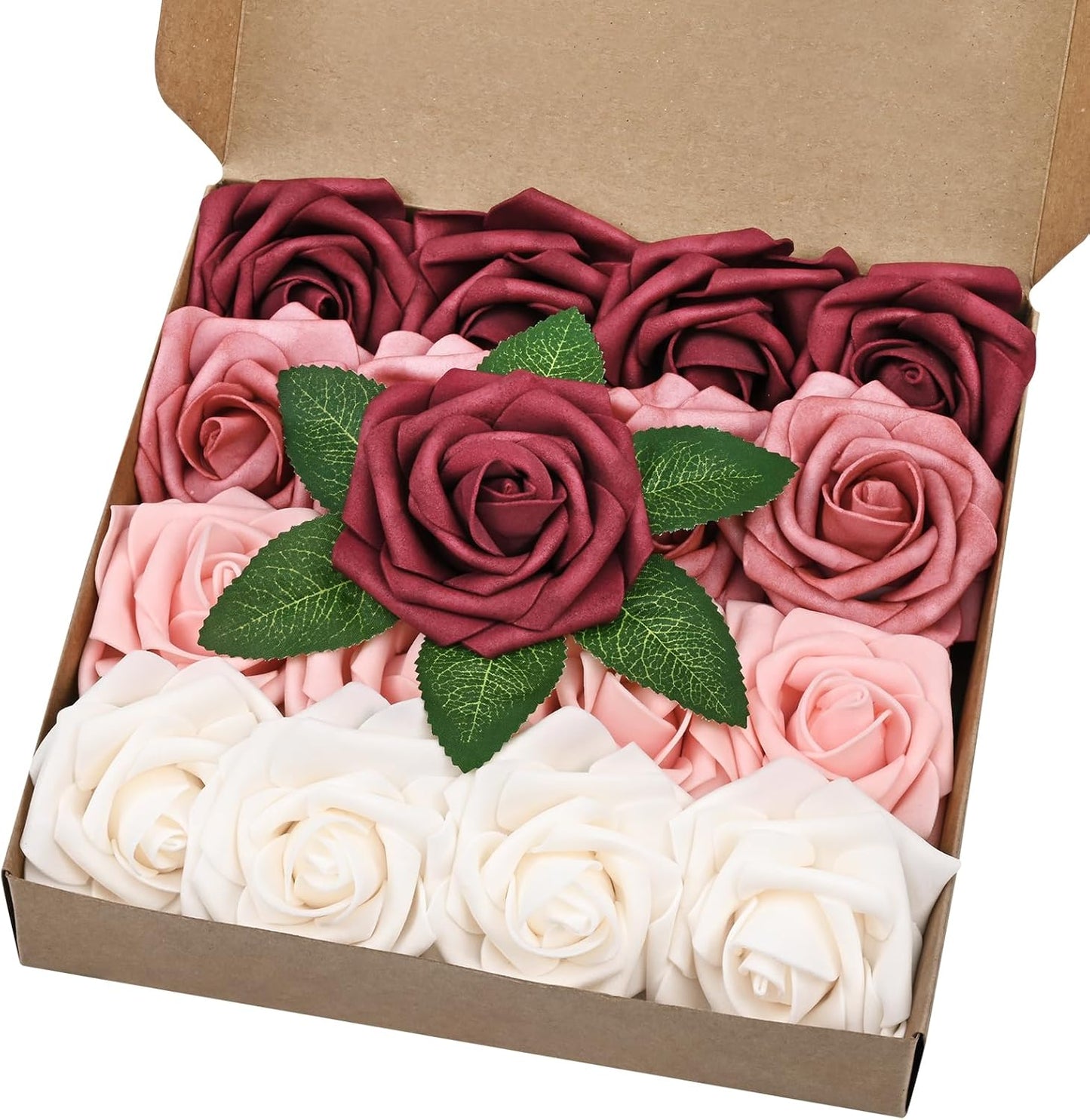 BLEUM CADE 16Pcs Artificial Flowers Fake Roses with Stems, Gradient Burgundy Boxed Foam Roses for DIY Bouquets Centerpieces Wedding Party Arrangement Bridal Shower Decor