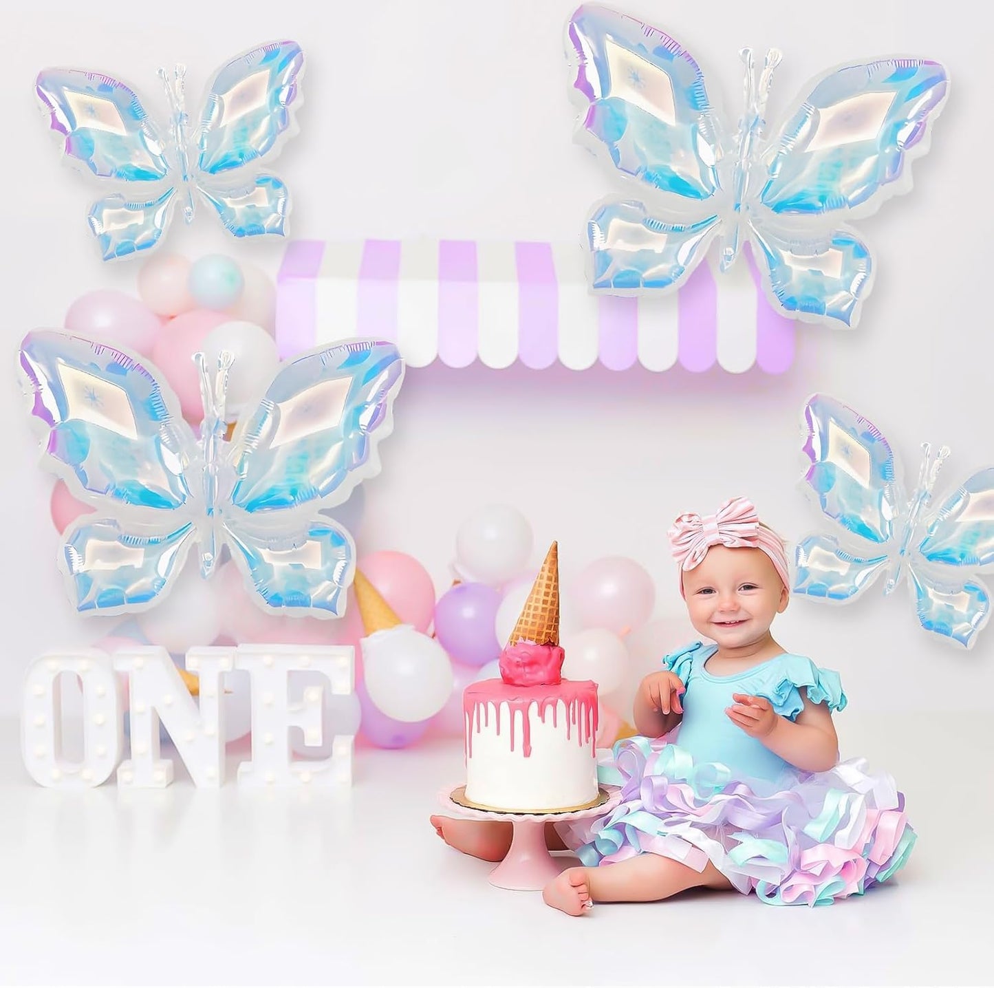 4Pcs Iridescent Foil Balloons, Iridescent Butterfly Foil Balloons, Rainbow Butterfly Holographic Clear Foil Balloon for Birthday Baby Shower Mermaid Rainbow Wedding Party Decorations