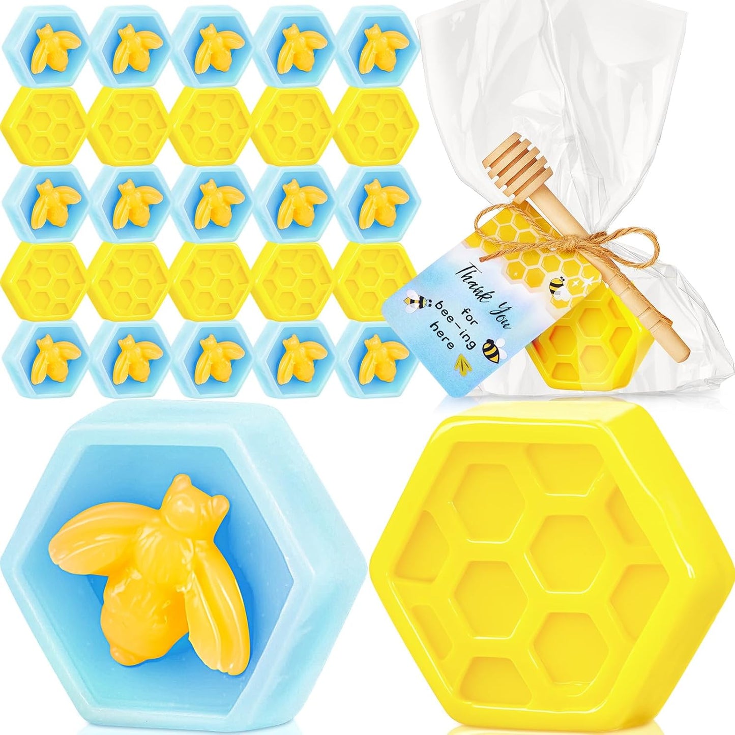 24 Set Baby Shower Favors Bee Party Favors Including Honeycomb Soap with Thank You Card Gift Honey Soap for Guest Gender Reveal Honey Gift Birthday Party Decorations (Blue,Yellow)