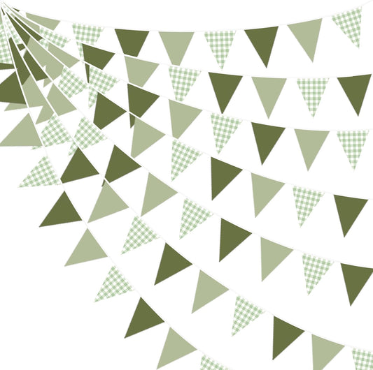 32Ft Sage Green Party Decorations Sage Gingham Banner Olive Green Buffalo Plaid Checkered Triangle Flag Pennant Fabric Garland Streamers for Birthday Baby Shower Wedding Picnic Golf Party Decorations