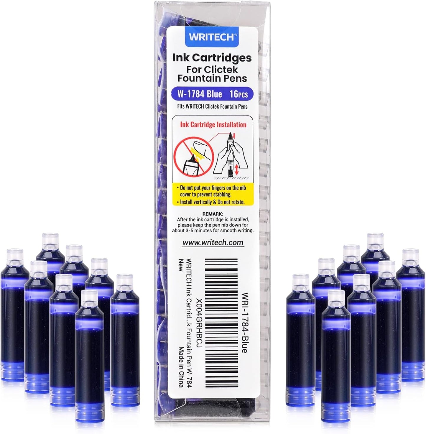 WRITECH Blue Ink Cartridge Set: 16 Ink Cartridges Clictek Fountain Pens
