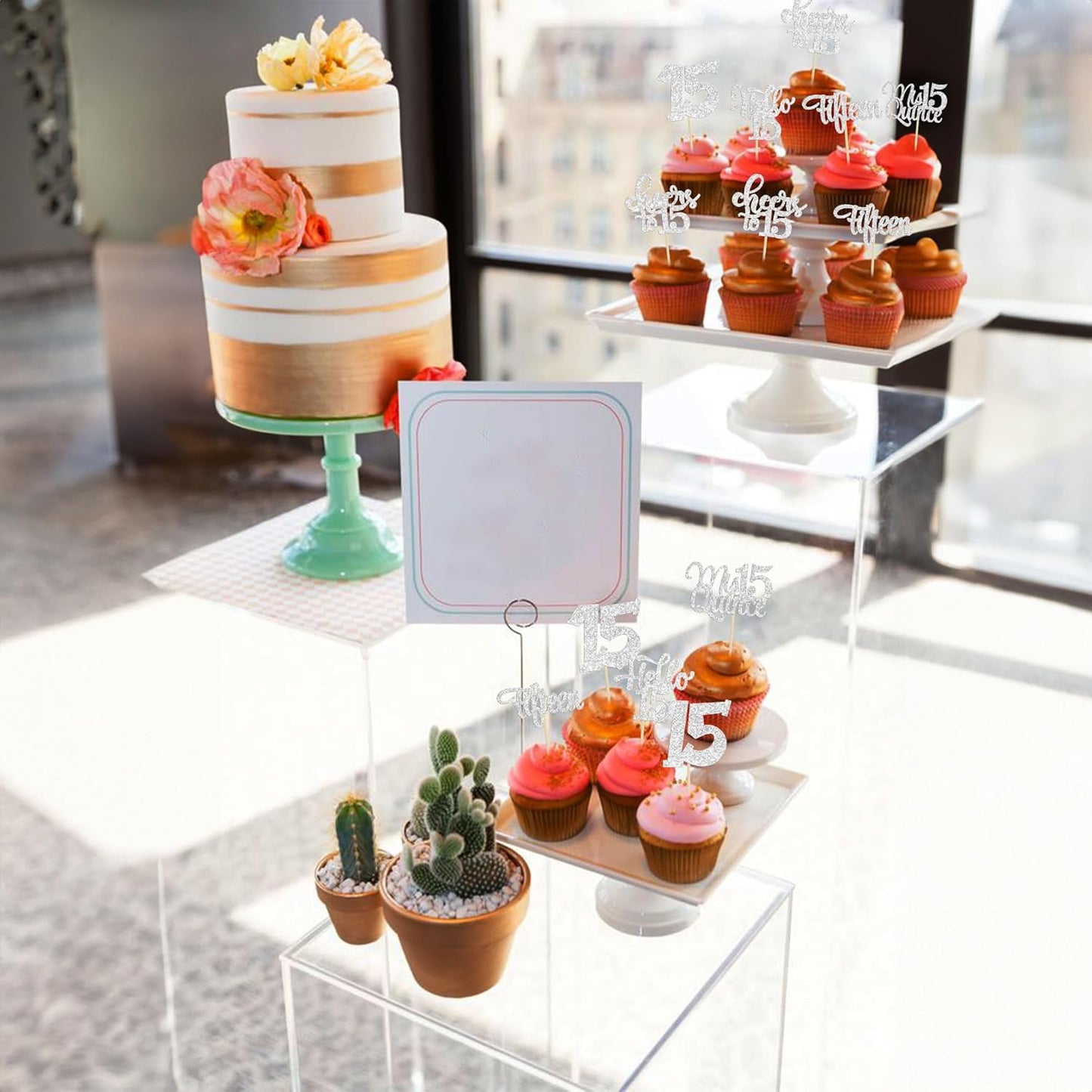 30Pcs 15th Birthday Cupcake Toppers Fifteen Cupcake Picks Cheers to 15 Years Old Mis Quince 15 Cake Decorations for 15th Birthday Anniversary Party Silver Glitter