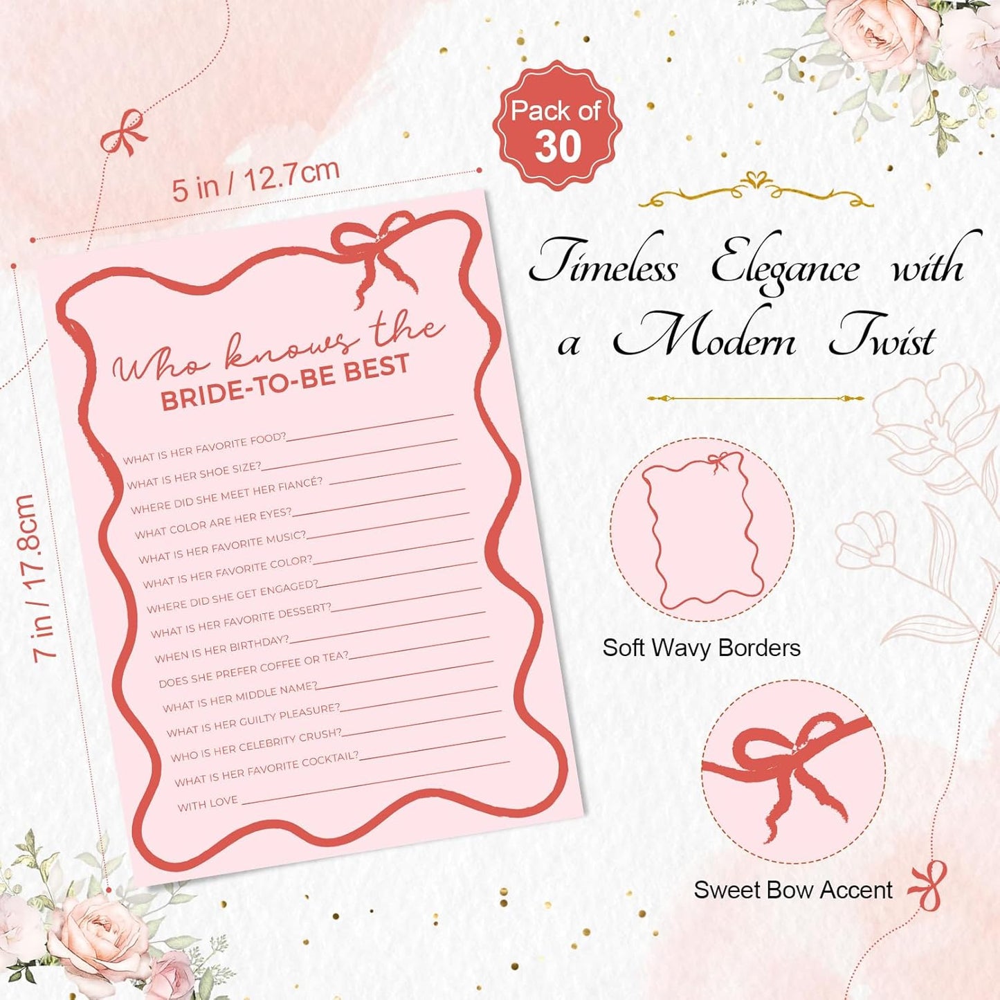 DEEKA 30 PCS Bridal Shower Games Card for 30 Guests Pink Wavy Border Ribbon Bow Funny Wedding Bachelorette Party Games for Reception (Who Knows The Bride-to-be Best)