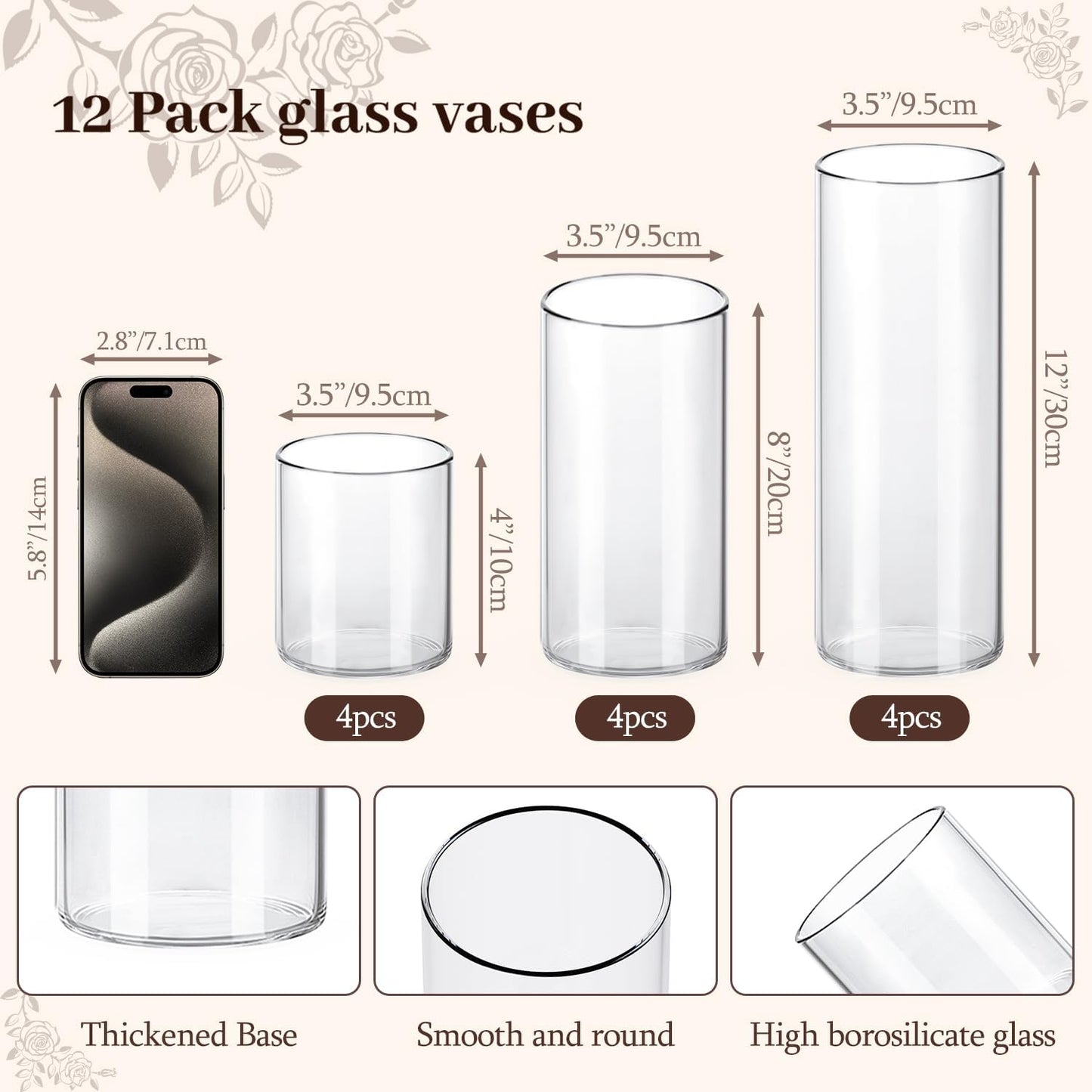 12 Pack Glass Cylinder Vases 4, 8, 12 Inch Tall Clear Vases for Centerpieces Wedding Decoration, Clear Glass Flower Vases Hurricane Floating Candle Holder for Party Table Home Decor