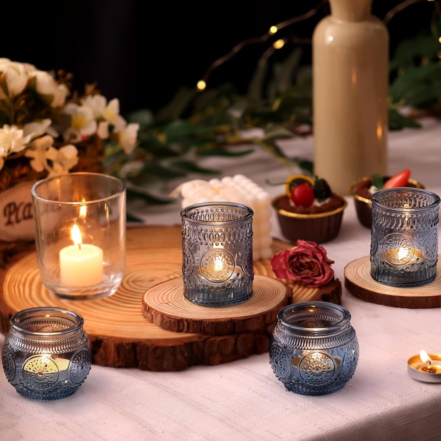 DARJEN 24 Pcs Blue Vintage Candle Holders - Bulk Glass Holders for Party & Wedding Decoration