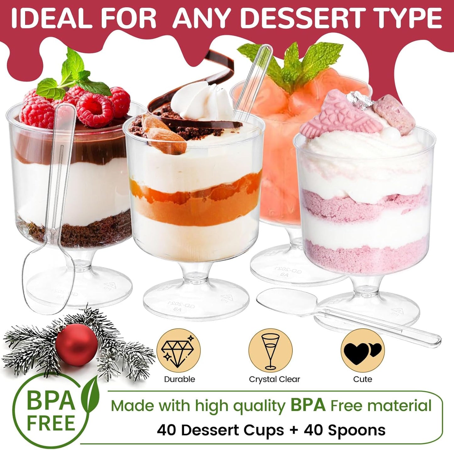 80 Pack Dessert Cups with Spoons, 5 OZ Mini Clear Plastic Parfait Cup for Party, Serves 40, Diposable Dessert Goblets for Fruit, Mousse Pudding, Appetizer Cup Bowl for Spring Summer Party