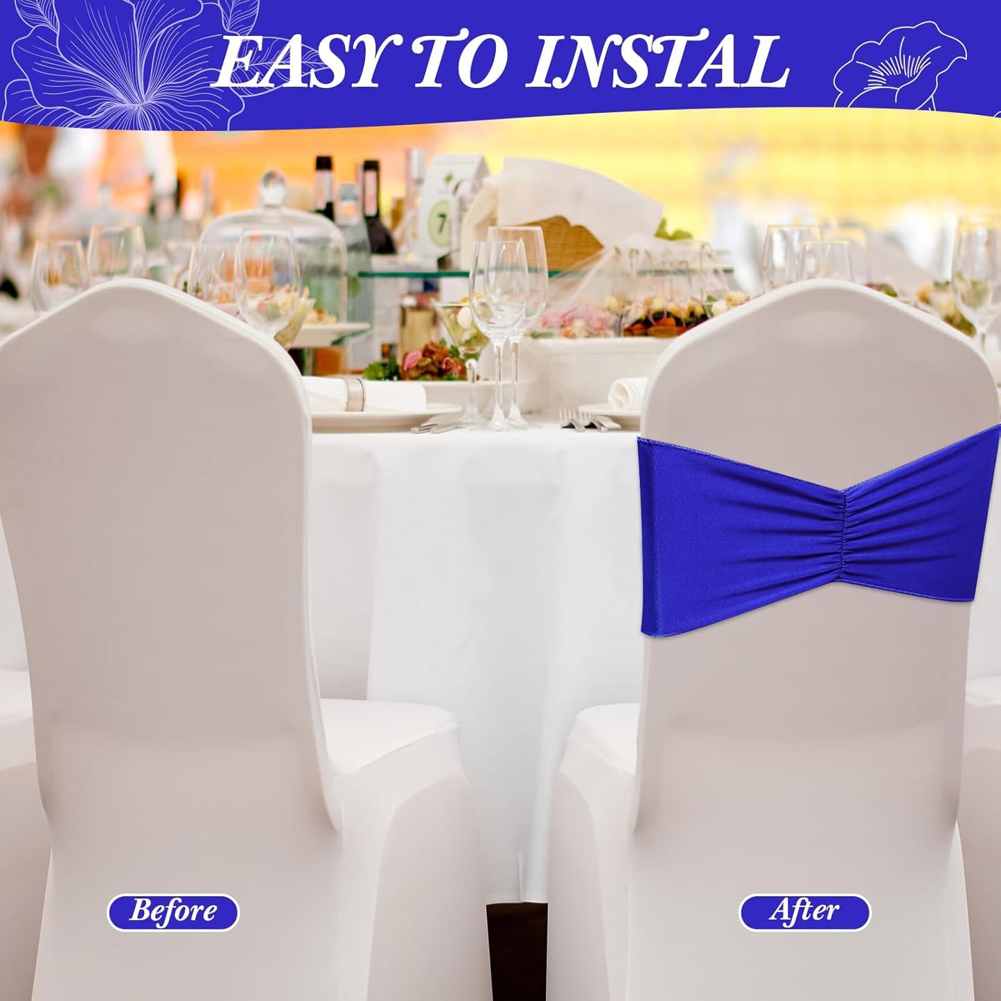 Moukeren 100 Pcs Spandex Chair Sashes Bows Bands Slider Sashes for Chair Covers Elastic Bands Ties Ribbon Decorations for Wedding Party Events Ceremony Birthday Banquet(Royal Blue)