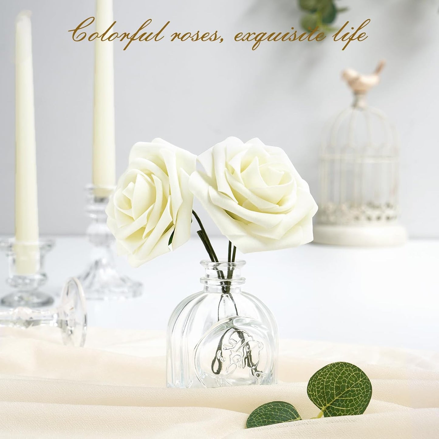 BLEUM CADE 16Pcs Artificial Flowers Fake Roses with Stems, Ivory White Boxed Foam Roses for DIY Bouquets Centerpieces Wedding Party Arrangement Bridal Shower Decor