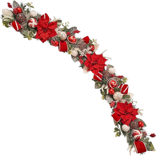 5 ft Christmas Garland for Mantle Unlit Garland for Stairs Railing, Banister, Staircase, Fireplace, for Table No Light, Garland Decor Frosted Red Poinsettia Holiday Tree (Frosted Red Poinsettia)