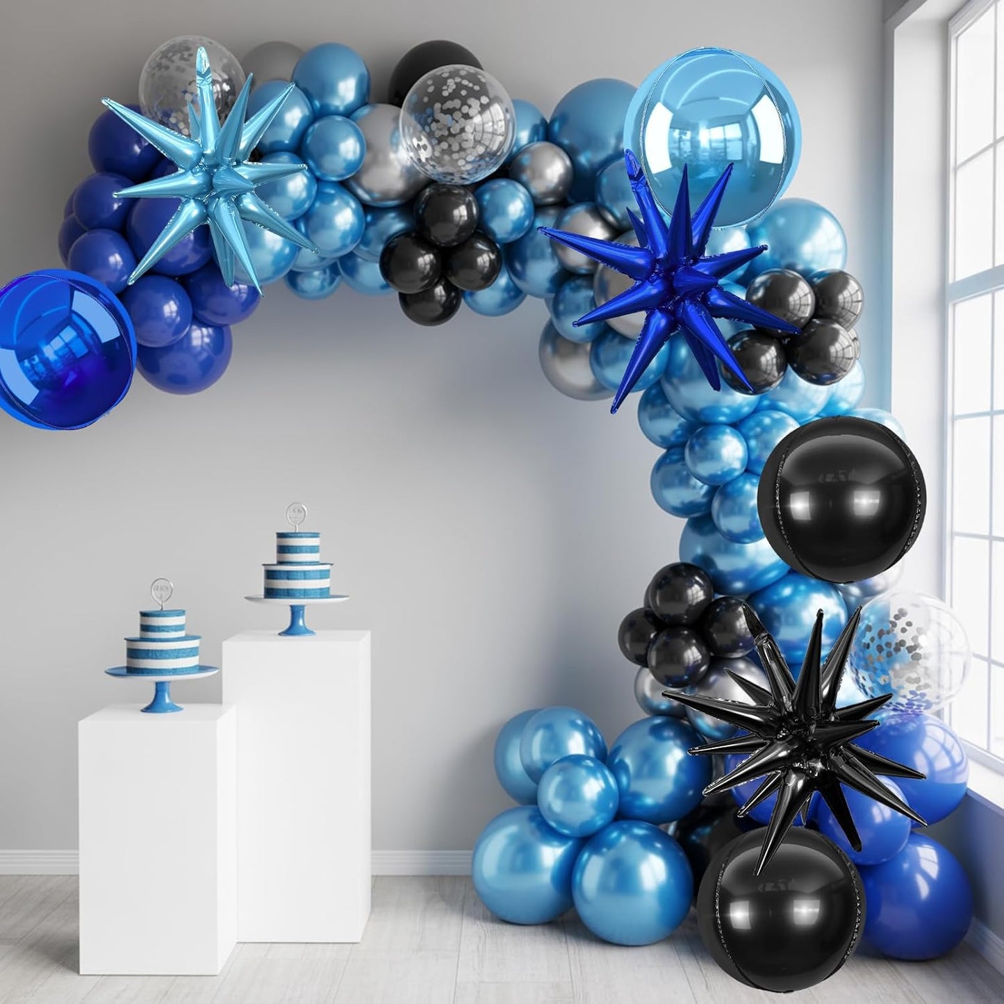 6Pcs Black Blue Foil Balloons,22Inch Navy Blue Black 4D Round Ball Balloon and Explosion Star Balloon for Birthday Wedding Baby Shower Anniversary Party Decorations