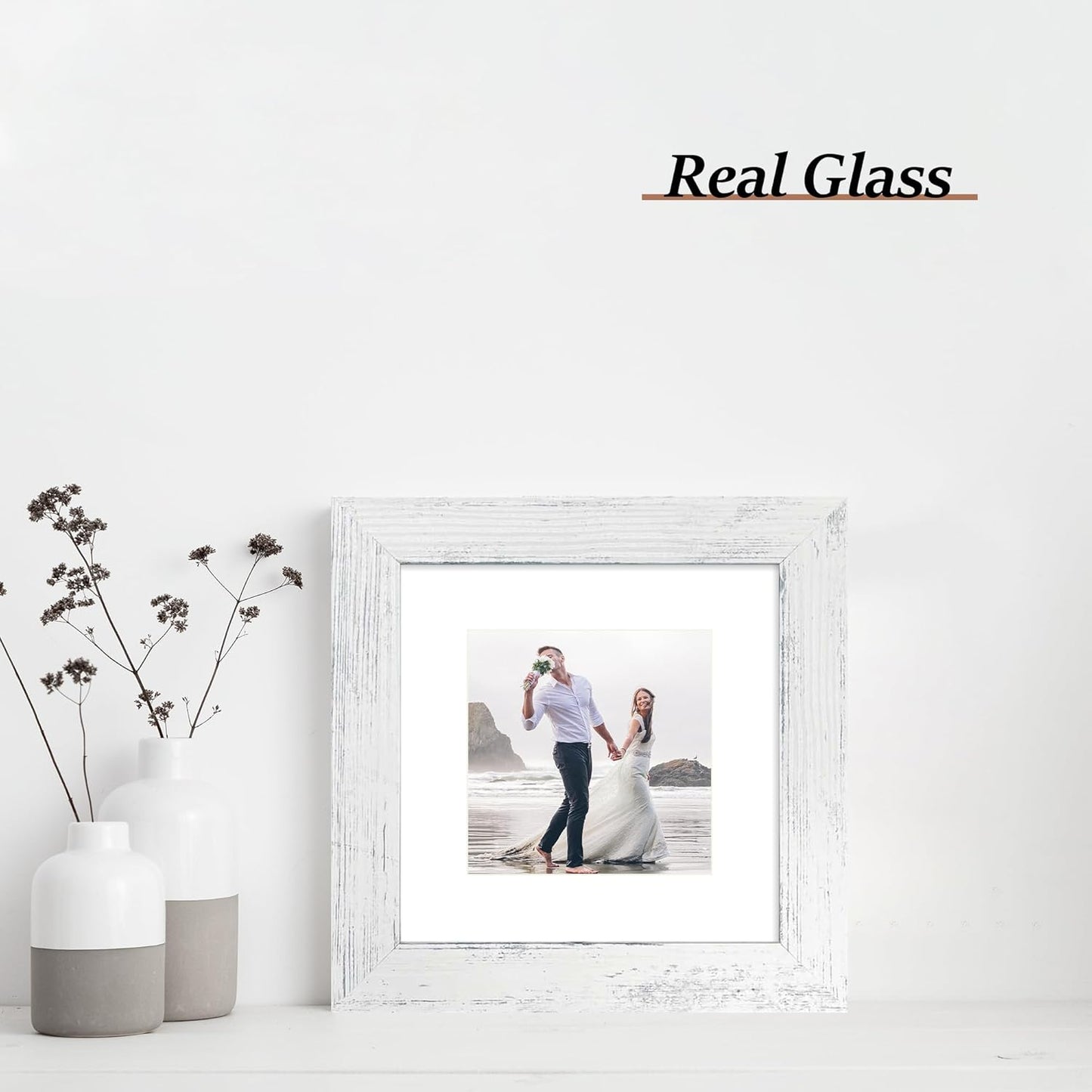 6x6 Picture Frame Set of 4 with High Definition Glass, Distressed White Frames Display 4x4 Picture with Mat or 6 x 6 Without Mat, Wood Square Photo Frame for Wall Mount and Tabletop Display