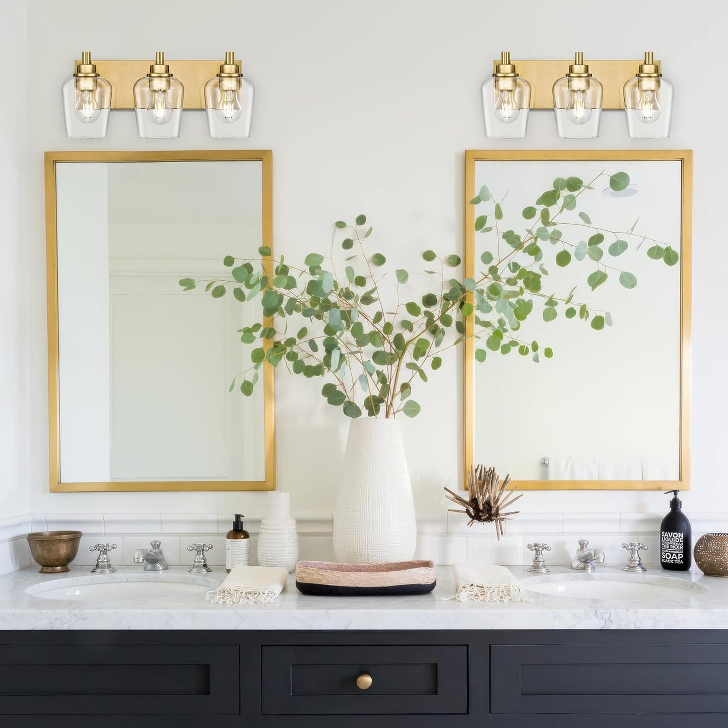 Bathroom Light Fixtures, 3-Light Modern Vanity Light with Clear Glass Wine Glass-Shaped Shade, Vanity Lighting Fixtures Over Mirror, Brushed Gold, VL155-BG-3