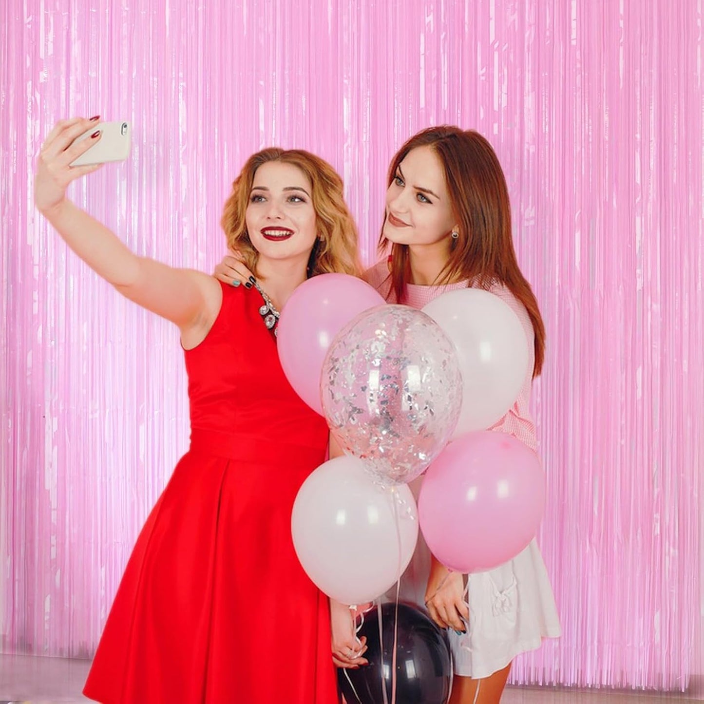 Pastel Pink Birthday Decorations - 4 Pack of 3.2x8.2ft Pink Foil Fringe Curtains Streamers Backdrop for Birthday Valentines Party Decoration