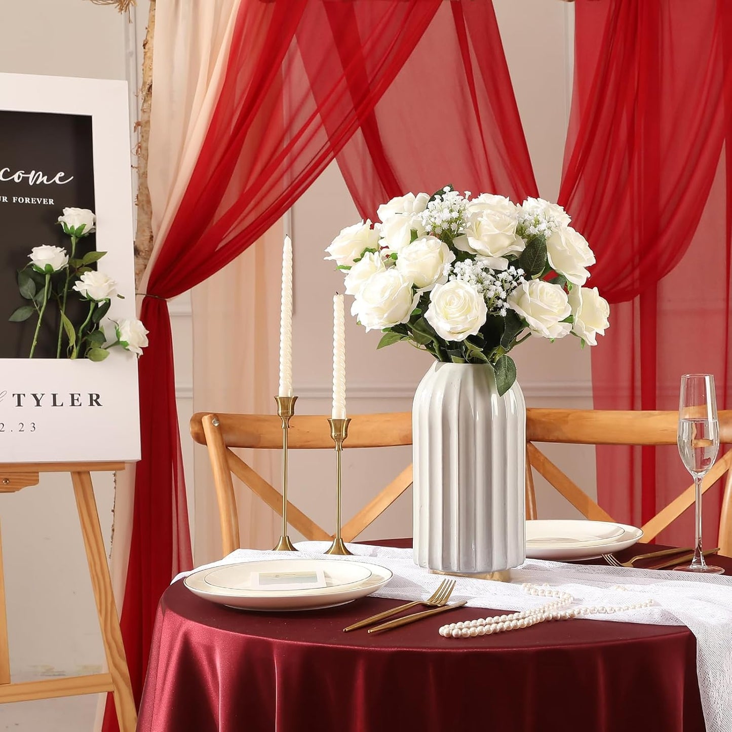 Tifuly White Roses Artificial Flowers -12 pcs Realistic Single Long Stem Fake Silk Roses Bouquet for Party Home Wedding Centerpiece Office DIY Decor（Off White）