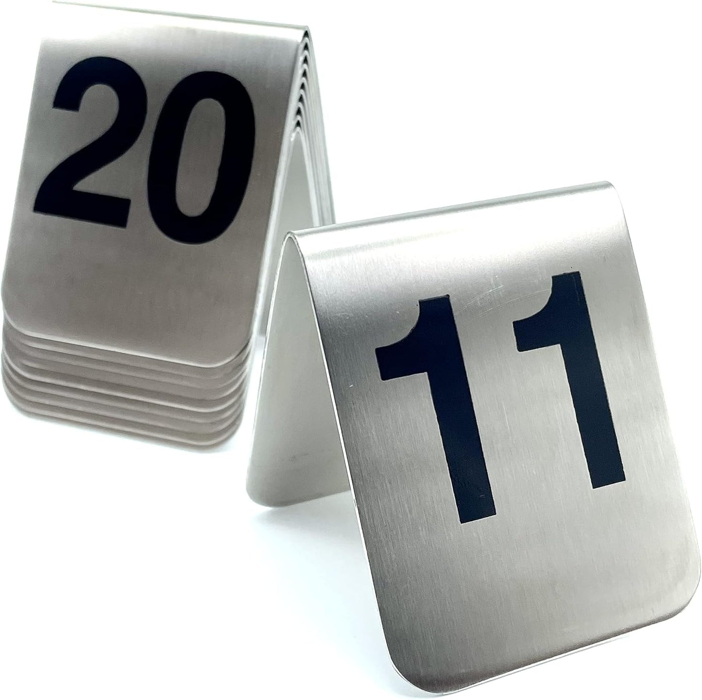 10 Pcs Metal Place Cards Stackable Tent Style Table Numbers，Place Card Holders for Celebration Wedding Party Restaurants Cafes Bars Gatherings meeting Room Board Game Serial (Medium 11-20, Black)