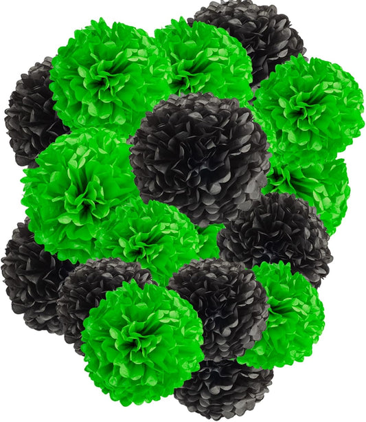 Capesaro Black Green Tissue Paper Pom Poms, 12PCS Tissue Paper Flowers Soccer Video Game Decorations Football Party Supplies Birthday Boys Party Graduation Decorations