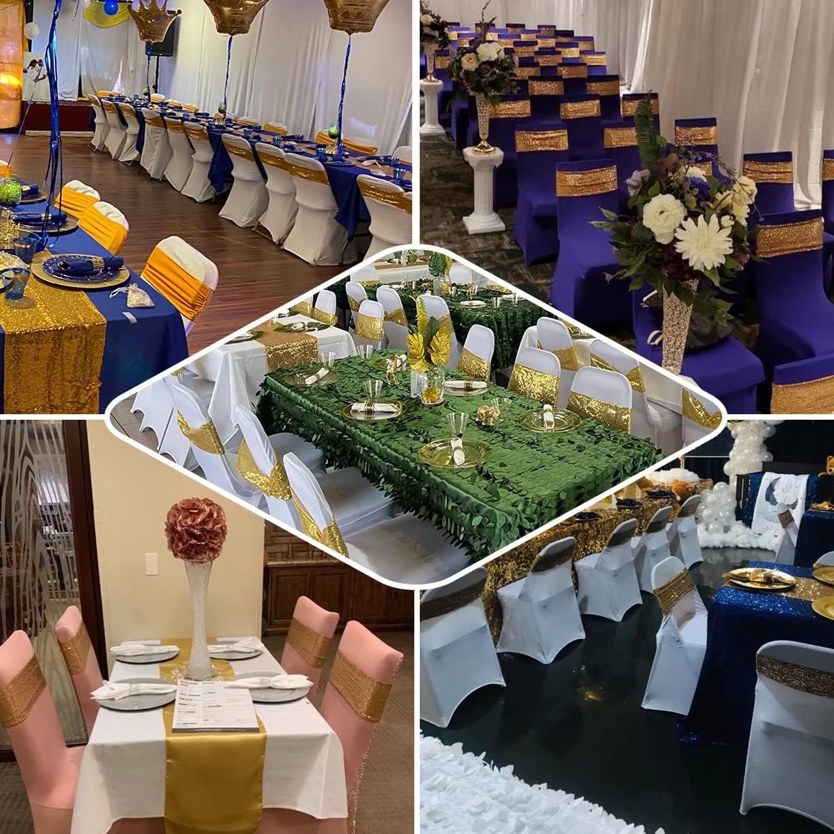 50 Pcs Sequin Chair Sashes Stretch Chair Bands Spandex Polyester Bows for Party Hotel Wedding Banquets Decoration -Gold