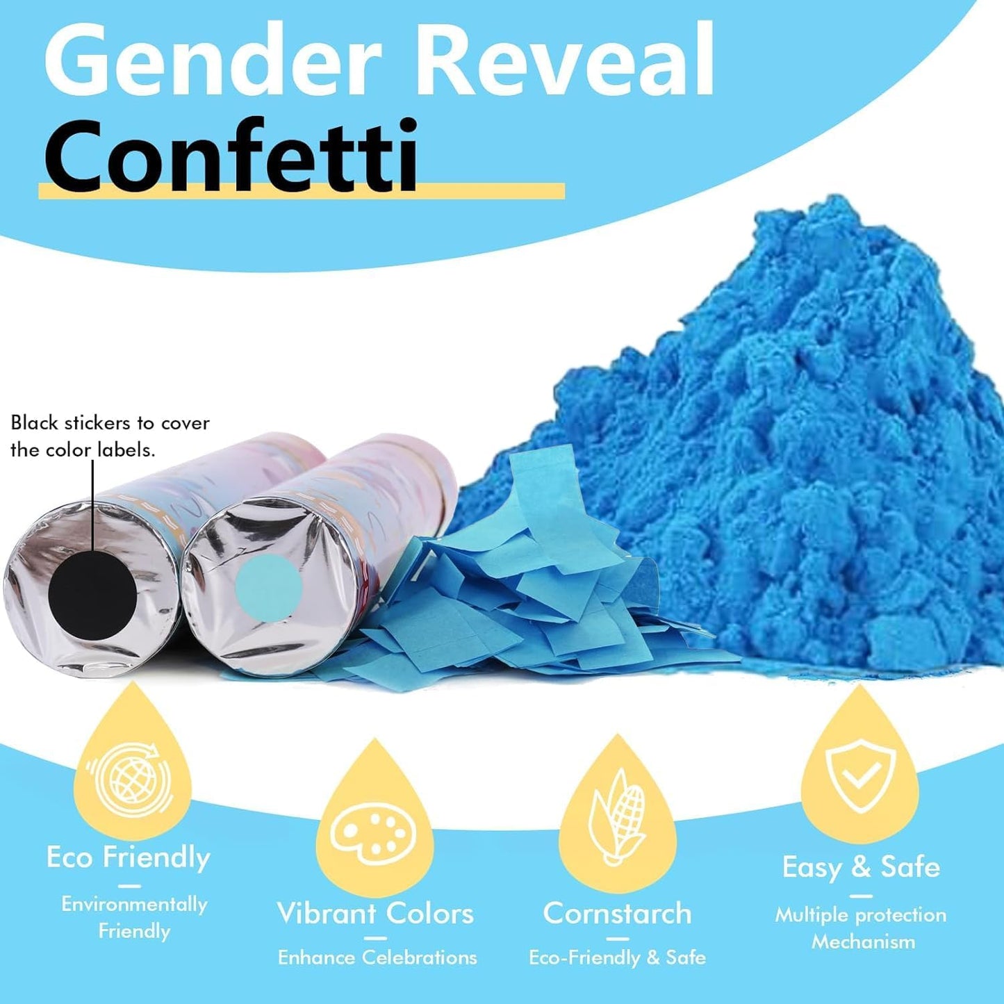 Previvo Gender Reveal Confetti Powder Cannon - 2 Pack Blue Baby Gender Reveal Poppers - 100% Biodegradable Powder Smoke - Ideas Party
