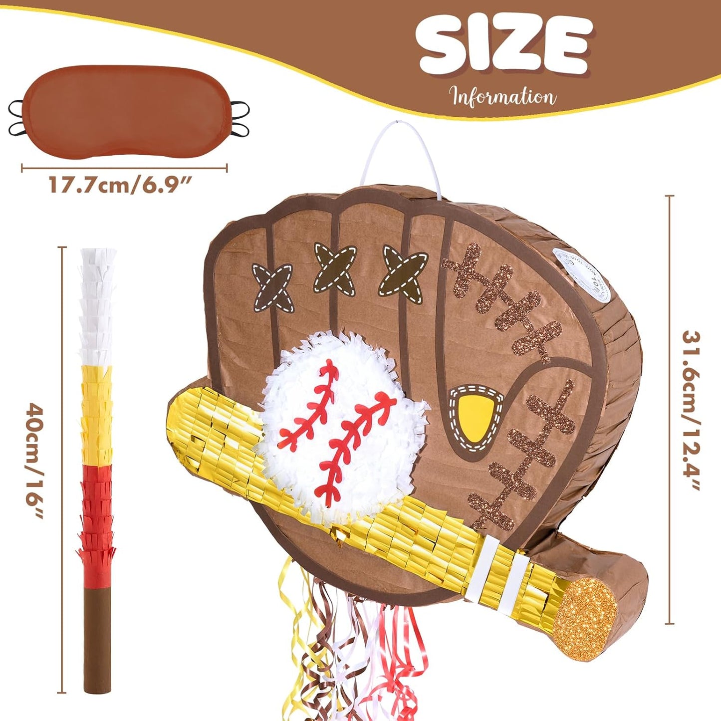 WERNNSAI Baseball Piñata - Baseball Piñata Bundle with Blindfold and Bat Sports Birthday Party Decorations for Boys Kids Pull String Baseball Gloves Piñata Family Games Baseball Party Supplies