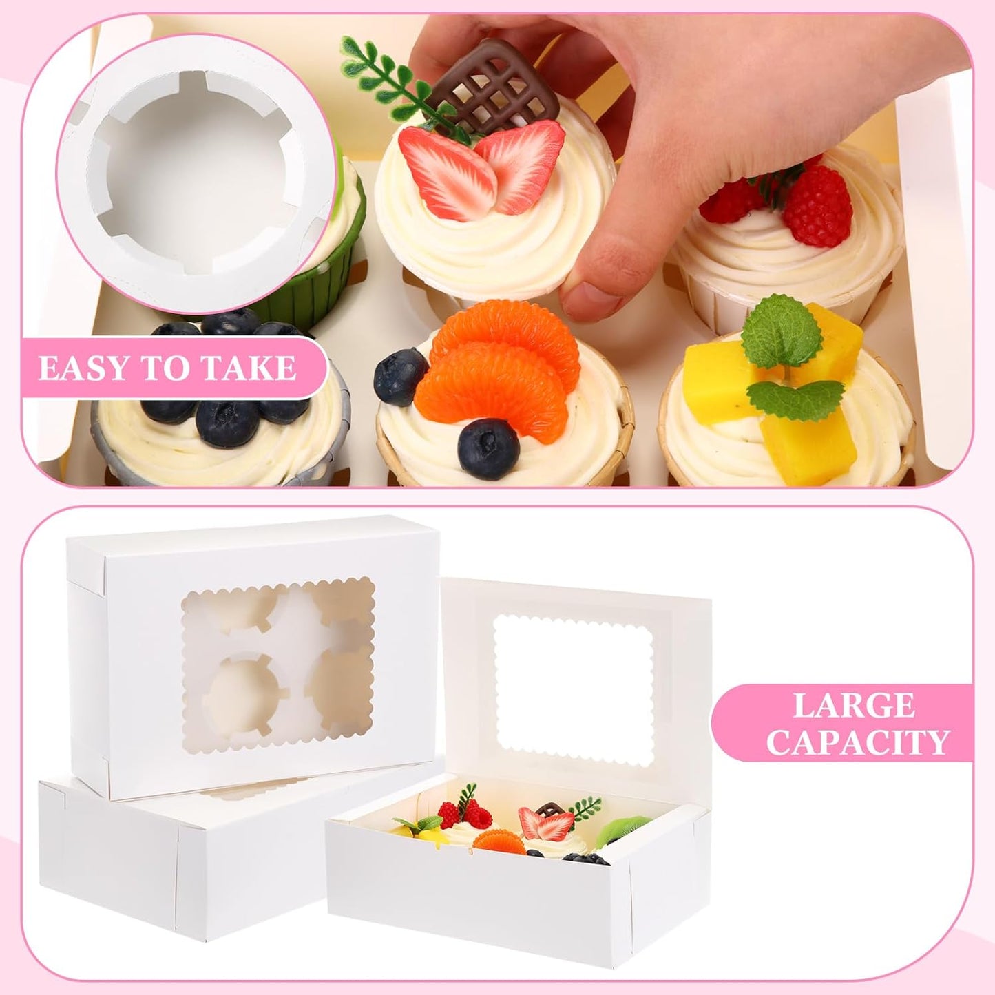 36 Pack Cupcake Boxes Hold 6 Count Disposable Cupcake Containers with Window and Cake Carrier with Thanks Card and Jute Rope to Muffins Cupcakes Cookies Gift Wrapping(White)