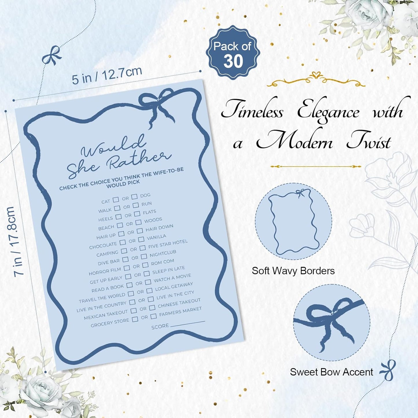 DEEKA 30 PCS Bridal Shower Games Card for 30 Guests Blue Wavy Border Ribbon Bow Funny Wedding Bachelorette Party Games for Reception (Would She Rather)