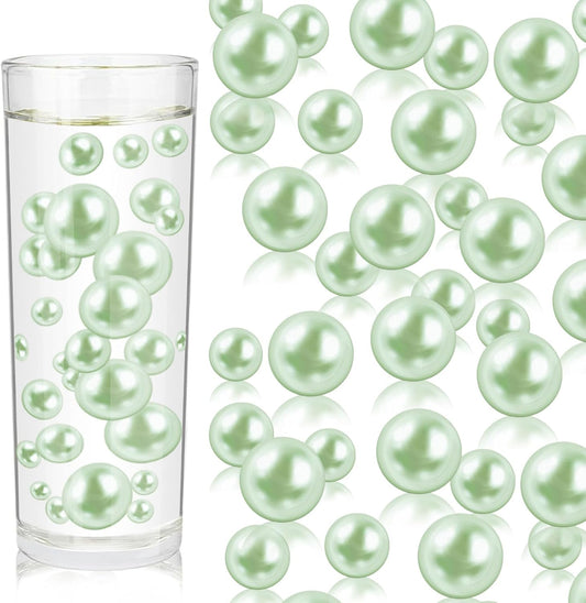 100PCS Light Green Faux Pearls Beads for Centerpiece Vases, Vase Filler Faux Pearls, No Holes Filler Beads for Easter Party Anniversary Birthday Wedding Table Decor, 14/20/30mm