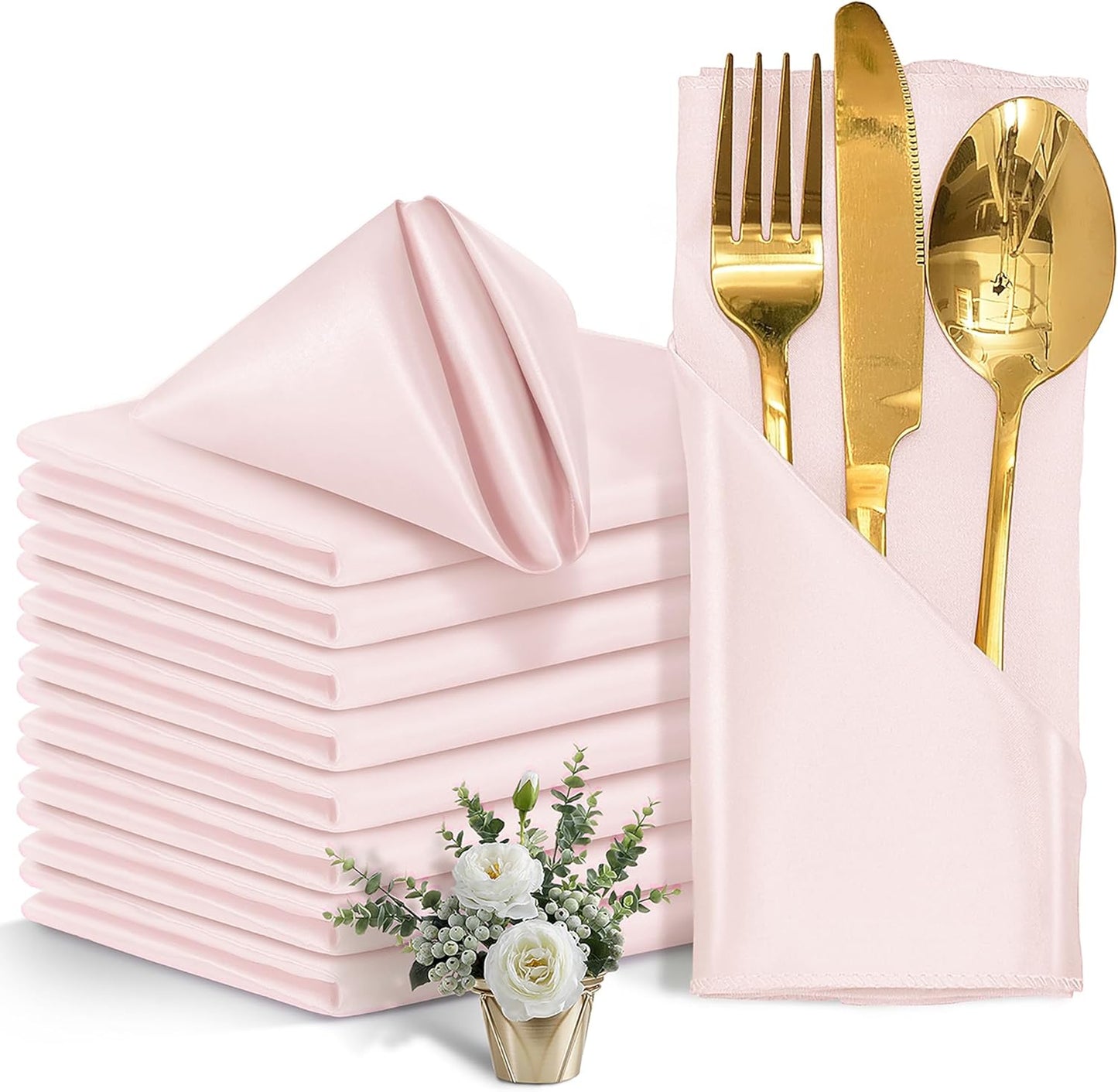 12 Pieces Light Pink Satin Napkins, 17" x 17" Square Table Napkins, Silky Soft Smooth Washable Napkins for Restaurant, Weddings, Dinner, Party Decoration